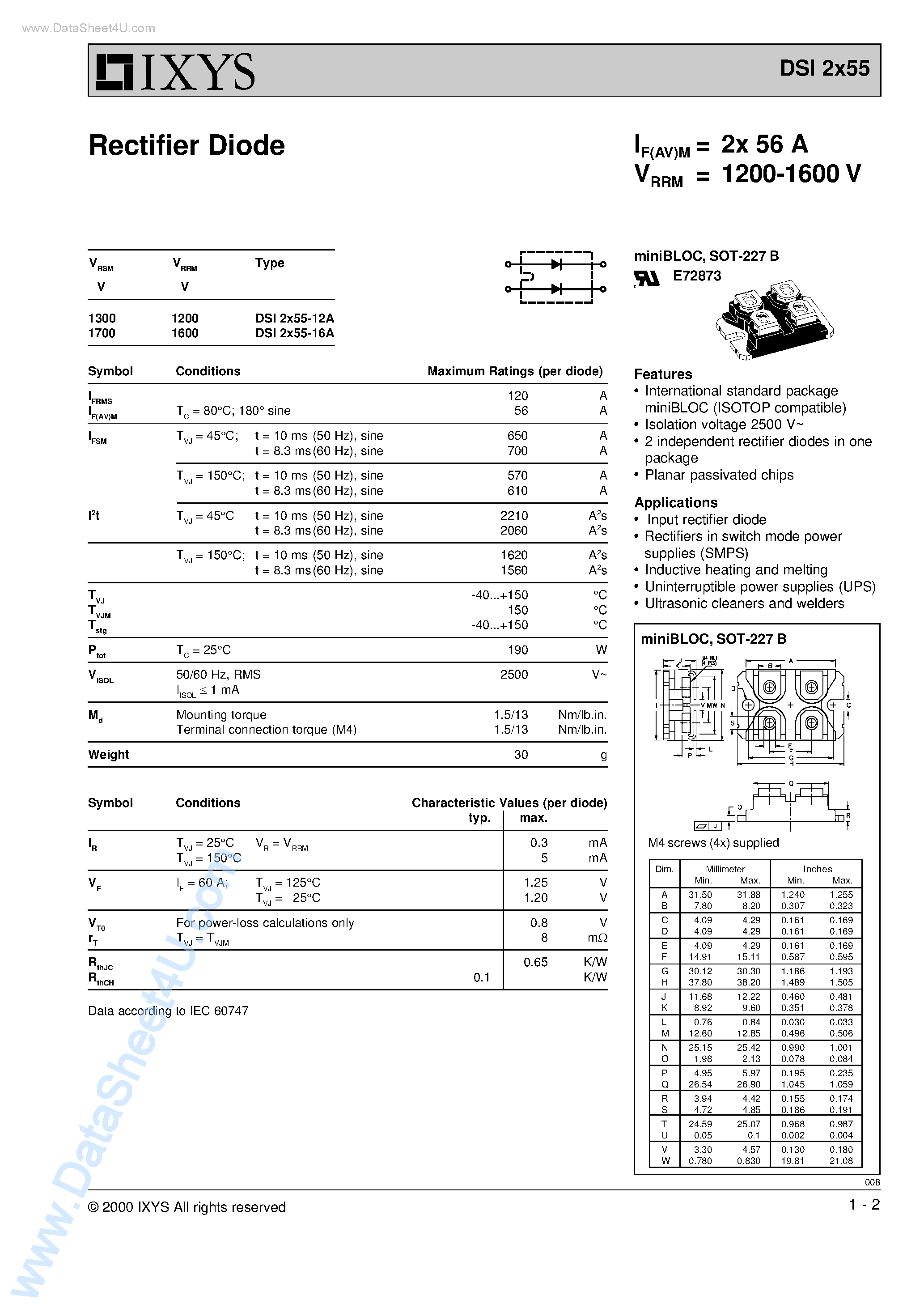 Datasheet DSI2X55 page 1 Datasheet DSI2X55 - Rectifier Diode page 1