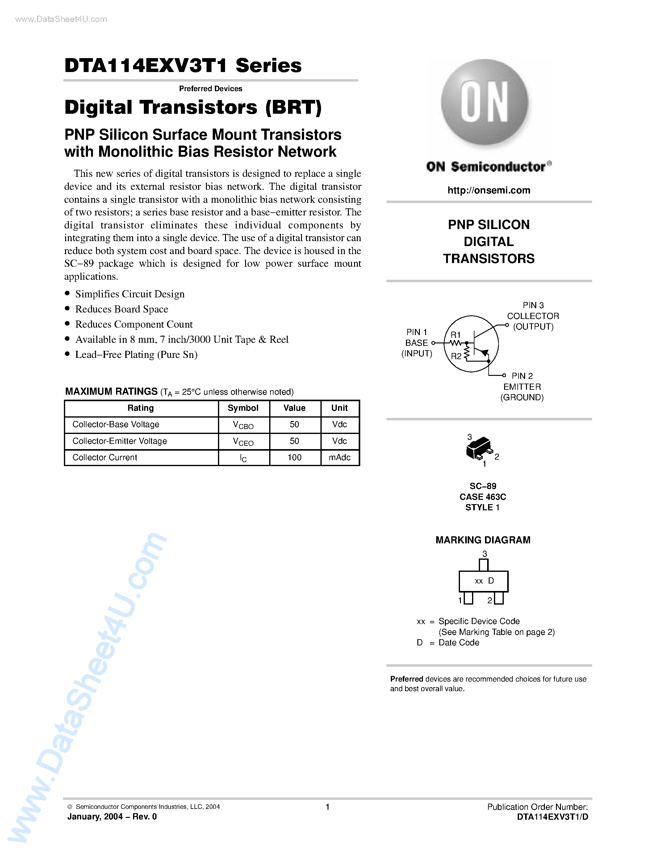 Даташит DTA114EXV3T1 - Digital Transistors (BRT) страница 1