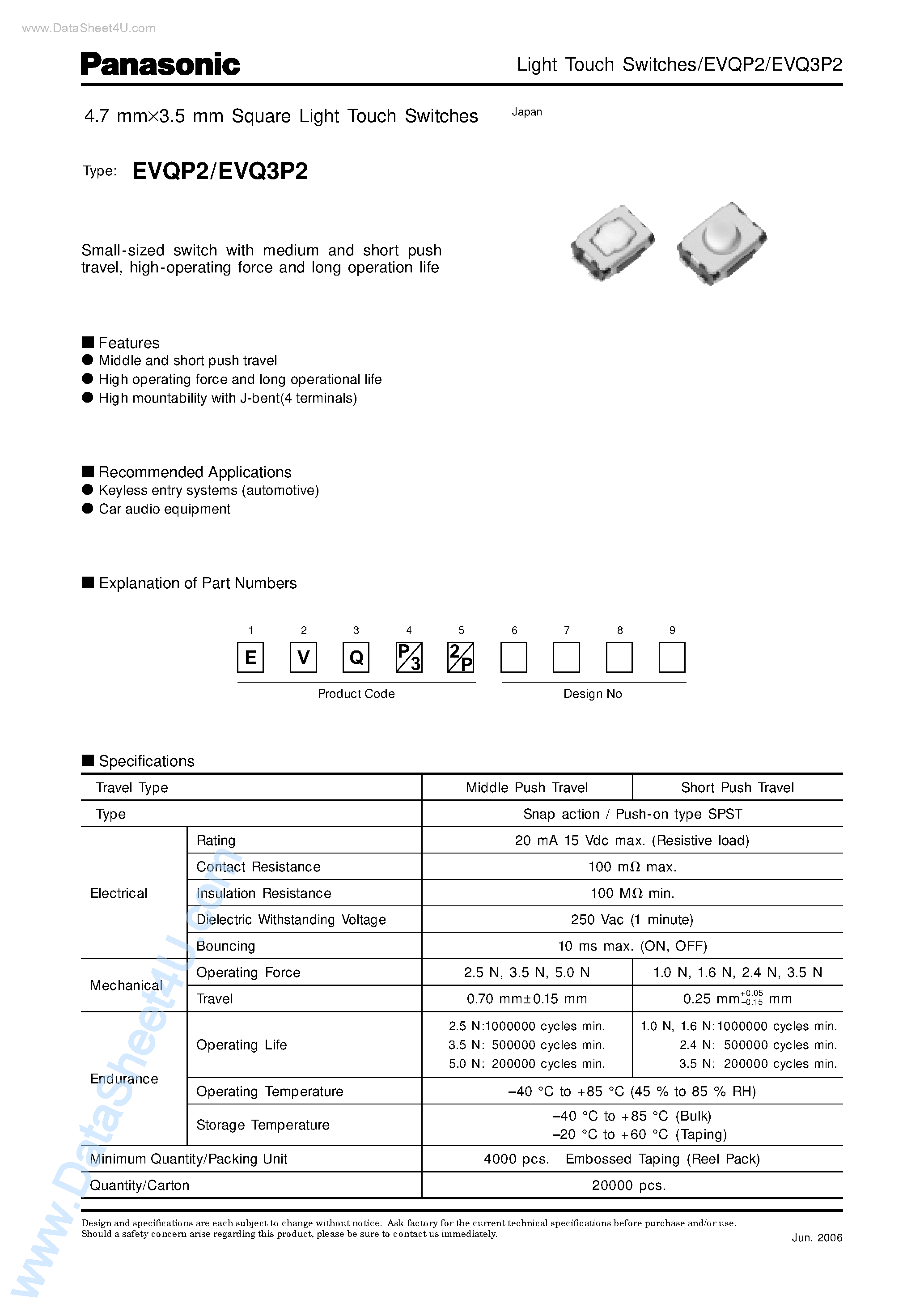 Даташит EVQ3P2 - (EVQP2 / EVQ3P2) 4.7 X 3.5 mm Square Light Touch Switches страница 1