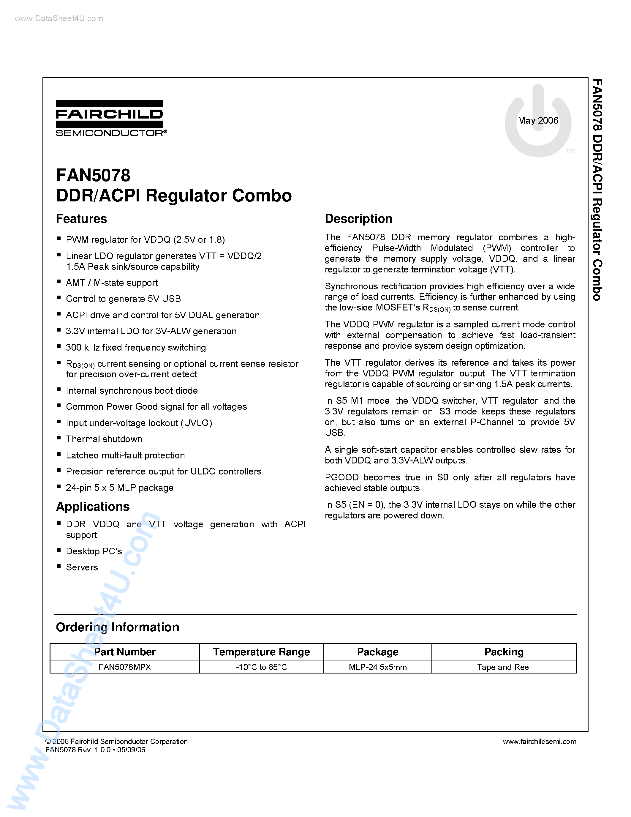 Datasheet FAN5078 - DDR/ACPI Regulator Combo page 1