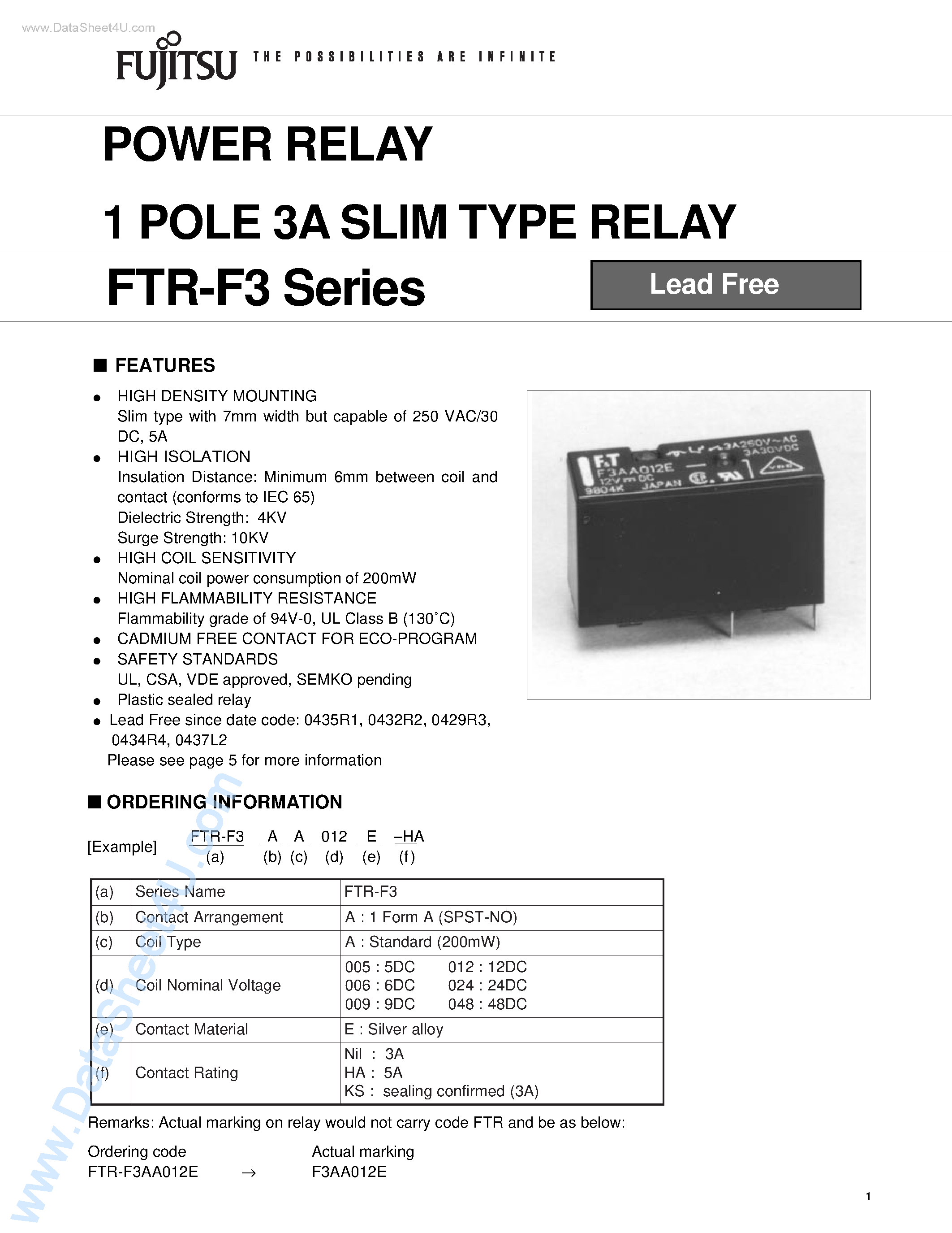 Даташит FTR-F3 - 1 POLE 3A SsLIM TYPE RELAY страница 1