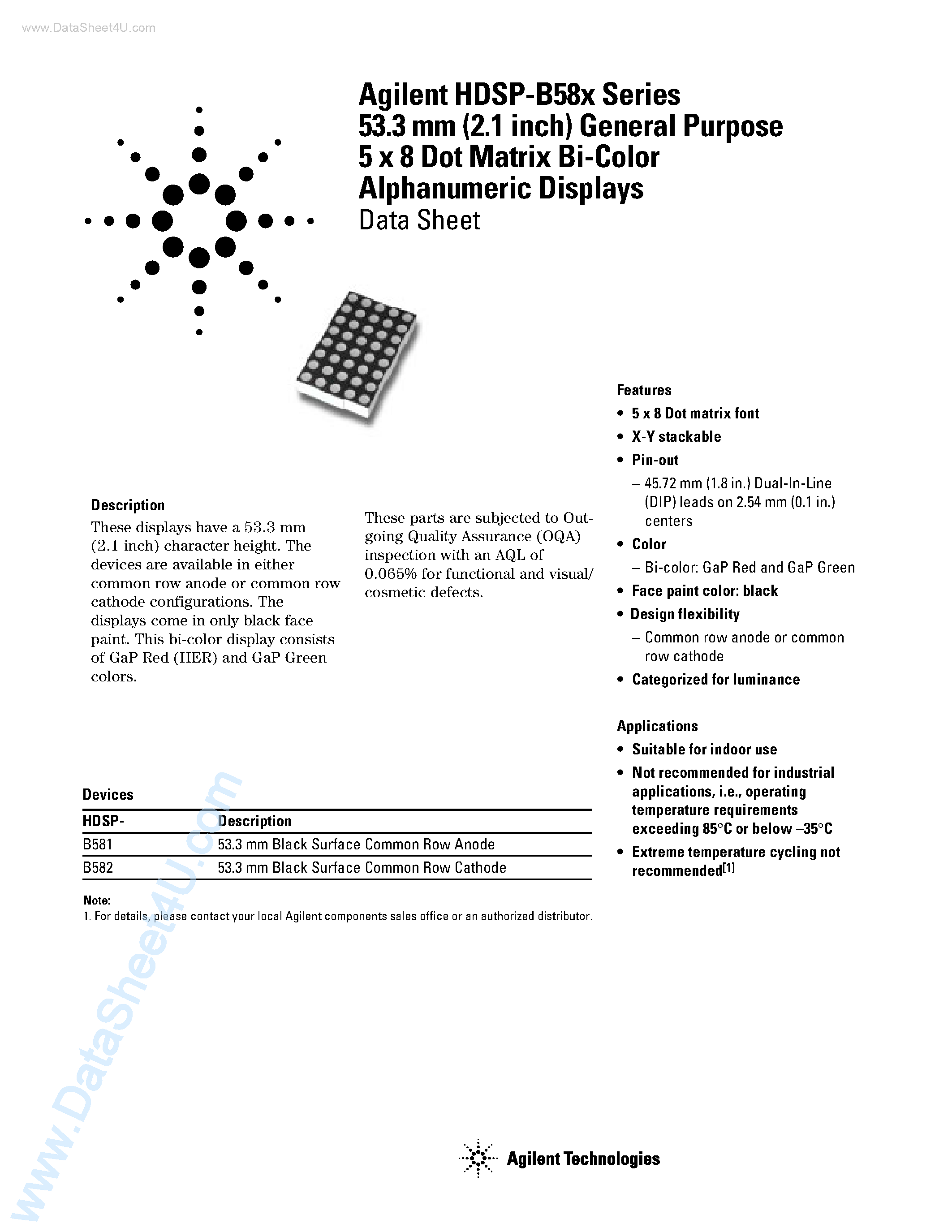 Datasheet HDSP-B58x - 5 x 8 Dot Matrix Bi-Color Alphanumeric Displays page 1