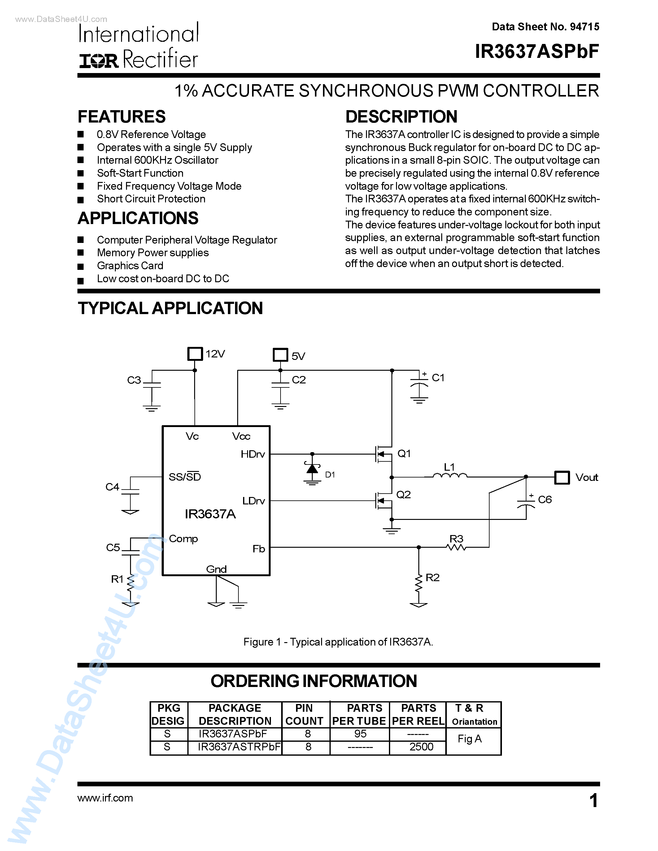 Даташит на микросхему IR3637ASPBF страница 1 Даташит IR3637ASPBF - 1% ACCURATE SYNCHRONOUS PWM CONTROLLER страница 1