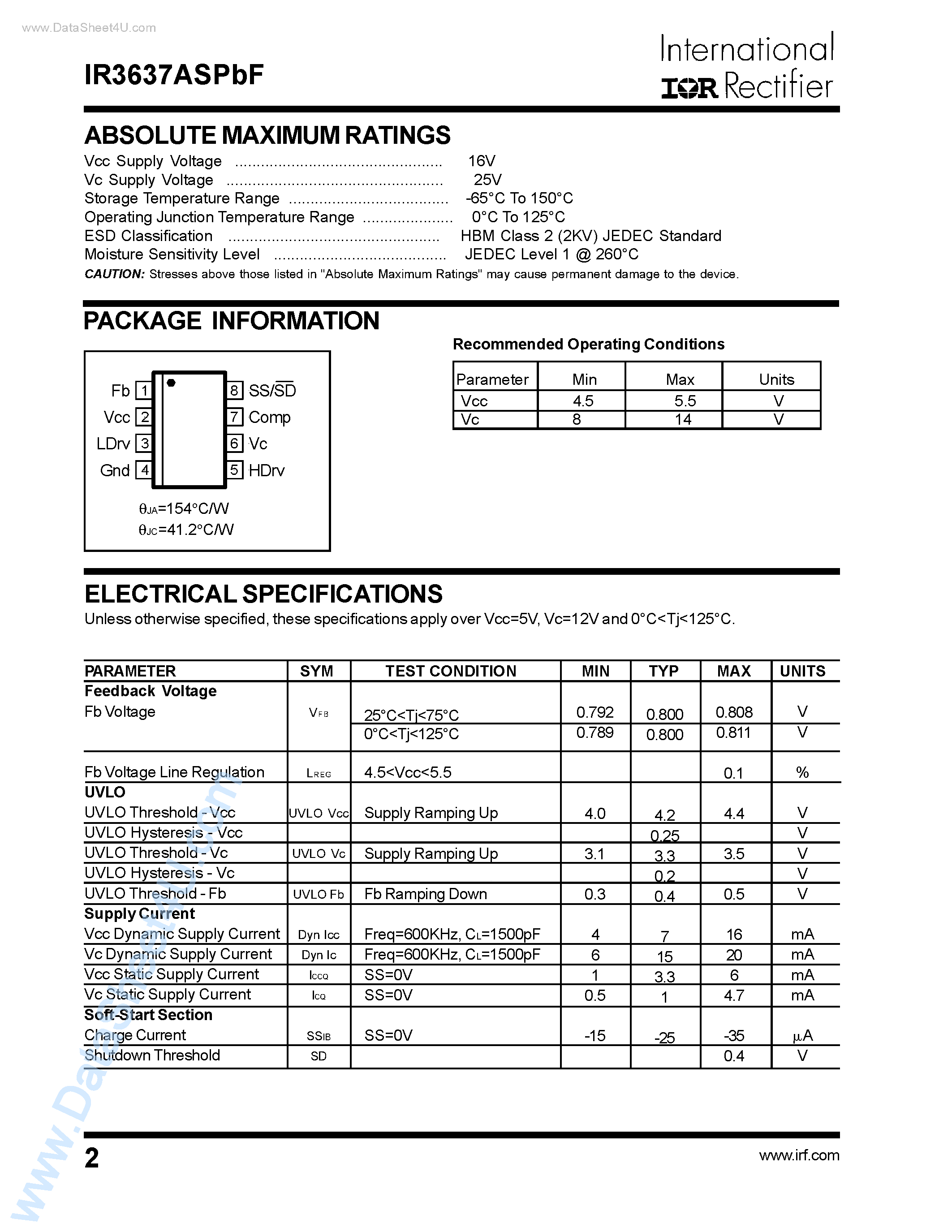 Даташит на микросхему IR3637ASPBF страница 2 Даташит IR3637ASPBF - 1% ACCURATE SYNCHRONOUS PWM CONTROLLER страница 2