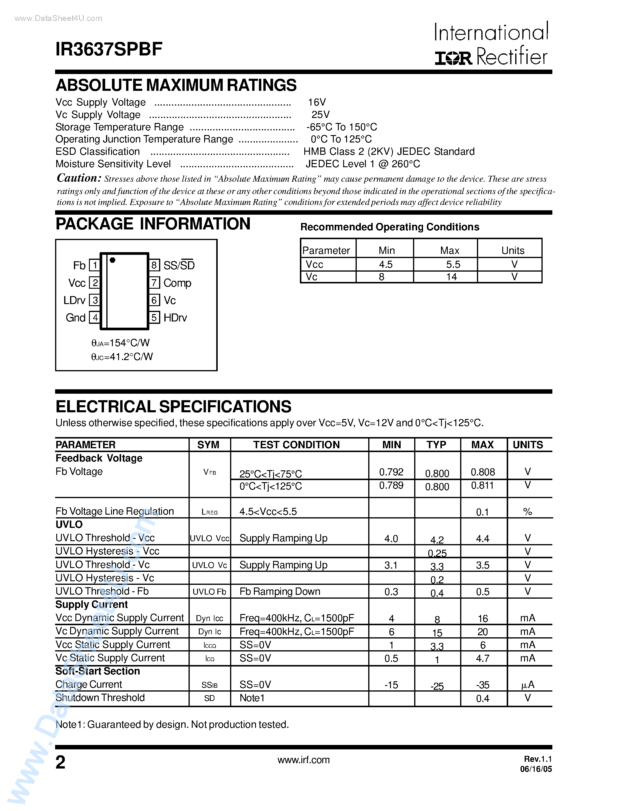 Даташит на микросхему IR3637SPBF страница 2 Даташит IR3637SPBF - 1% ACCURATE SYNCHRONOUS PWM CONTROLLER страница 2