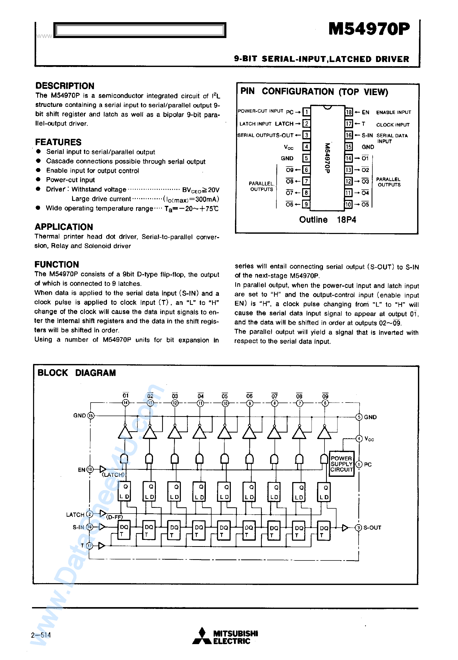 Datasheet M54970P - 9-Bit Serial Input / Latched Driver page 1