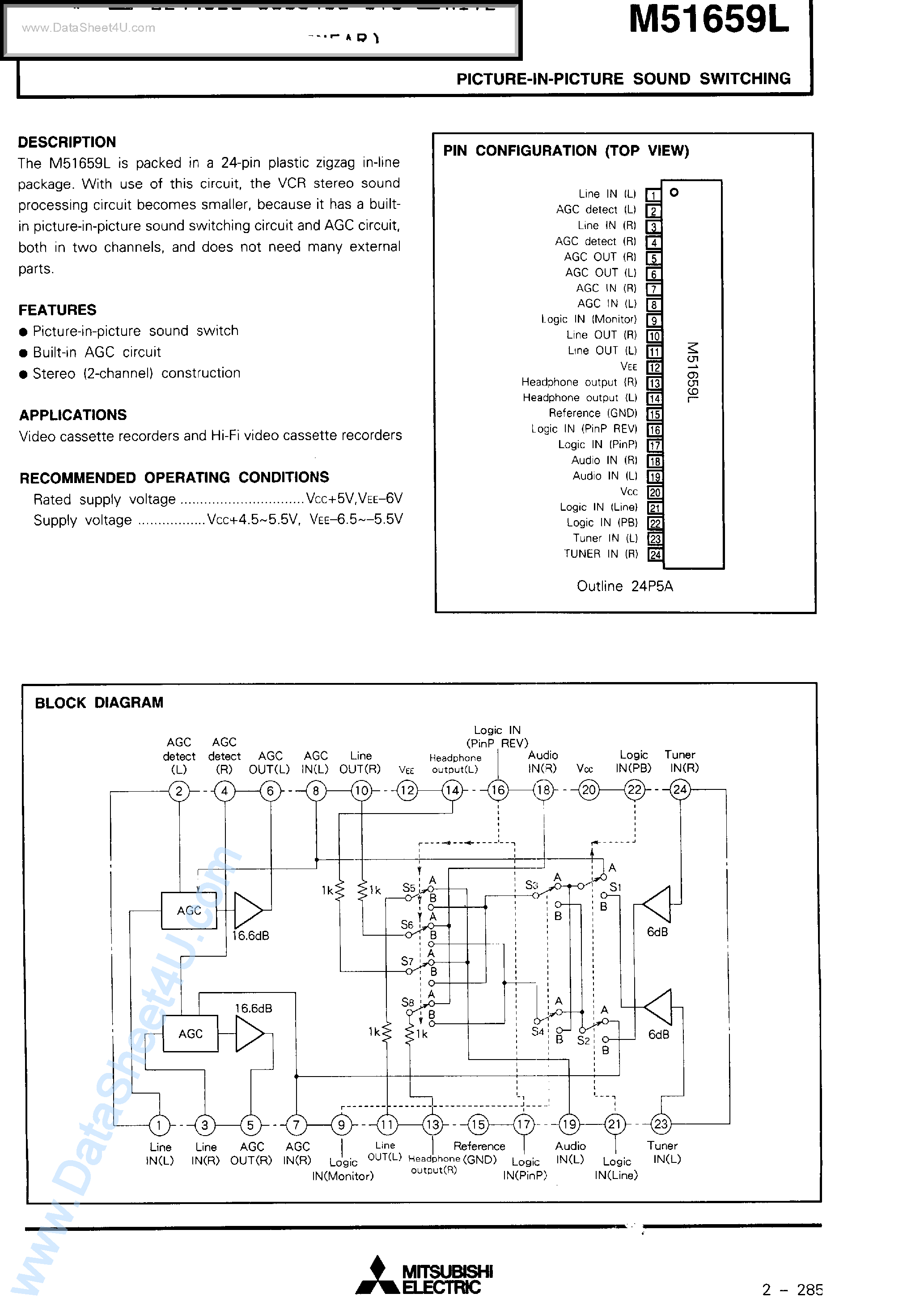 Datasheet M51659L page 1 Datasheet M51659L - Picture in Picture Sound Switching page 1