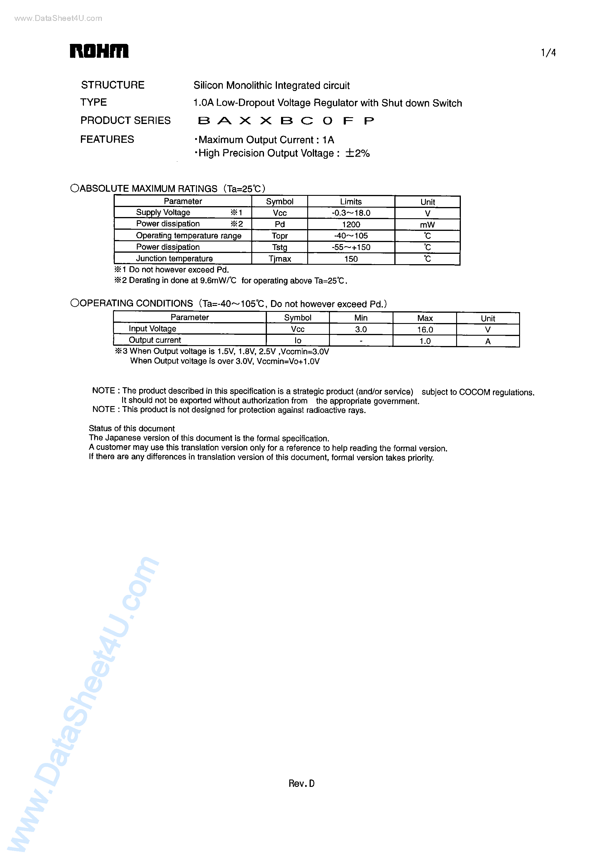 Даташит на микросхему BA50BC0FP страница 1 Даташит BA50BC0FP - 1.0A Low-Dropout Voltage Regulator with Shut down Switch страница 1