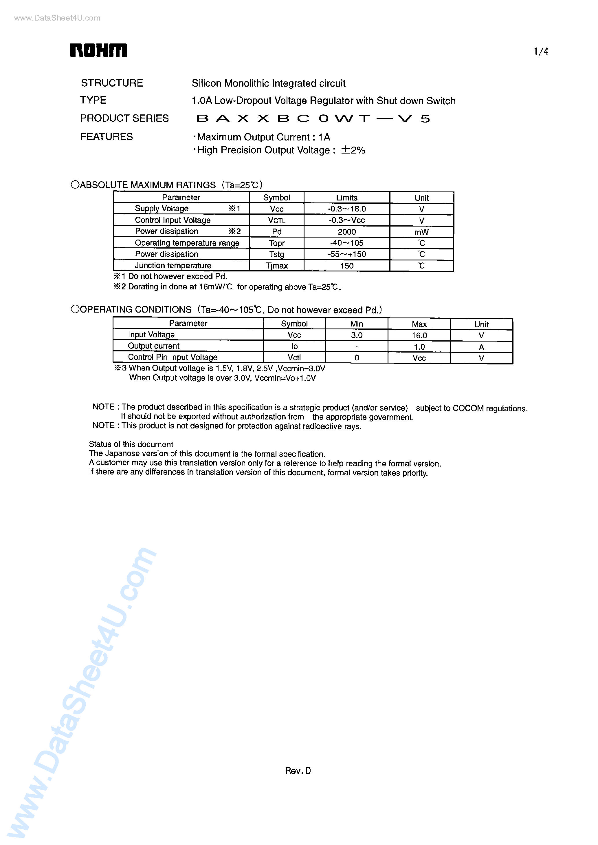 Даташит на микросхему BA50BC0WT-V5 страница 1 Даташит BA50BC0WT-V5 - 1.0A Low-Dropout Voltage Regulator with Shut down Switch страница 1