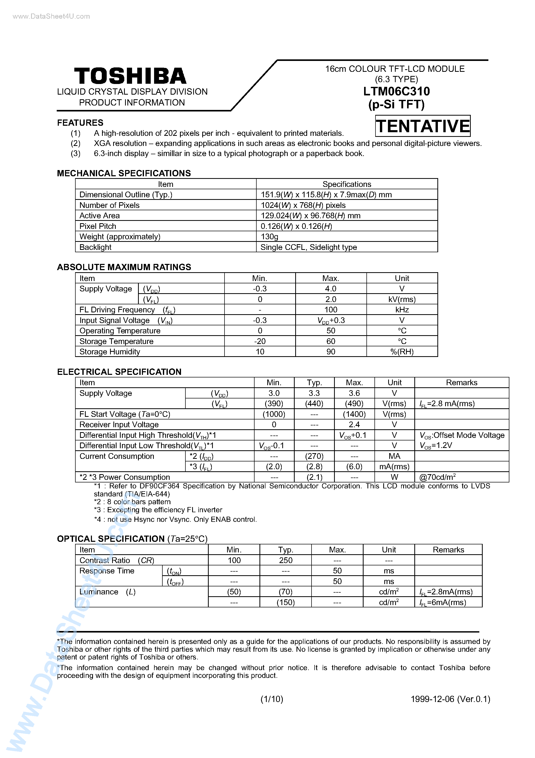 Datasheet LTM06C310 - 16cm COLOUR TFT-LCD MODULE 6.3 TYPE page 1