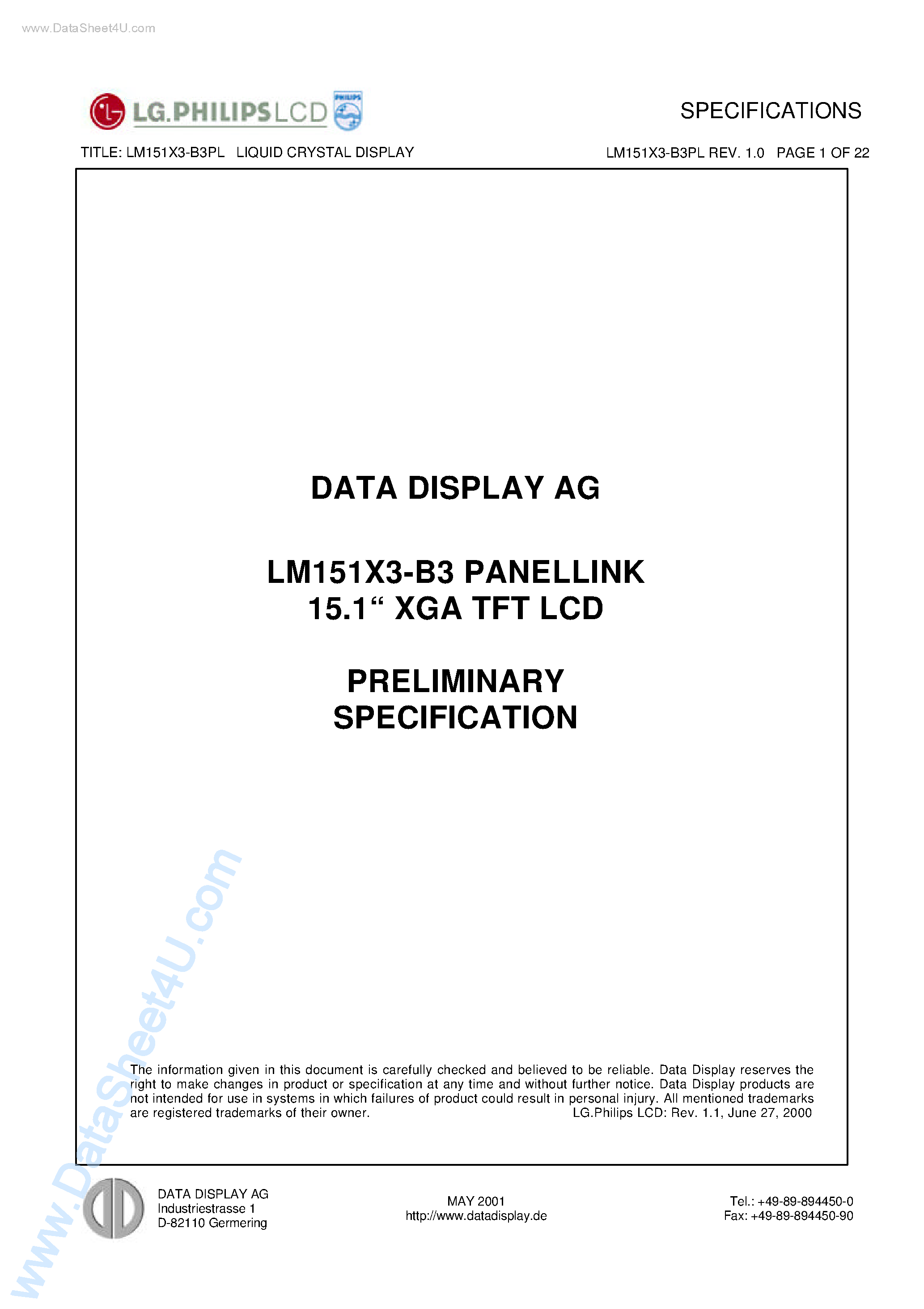Datasheet LM151X3-B3 - TFT LCD page 1