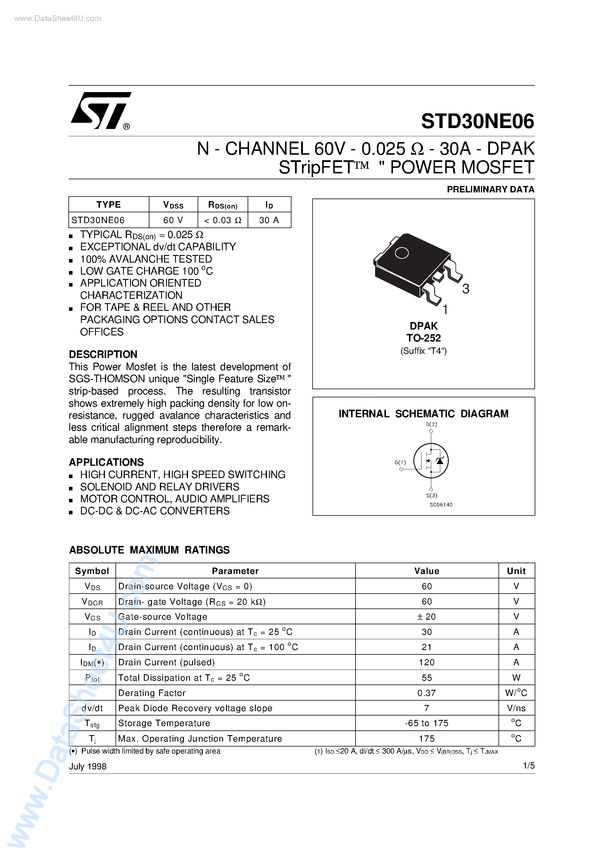 Datasheet STD30NE06 page 1 Datasheet STD30NE06 - N-CHANNEL POWER MOSFET page 1