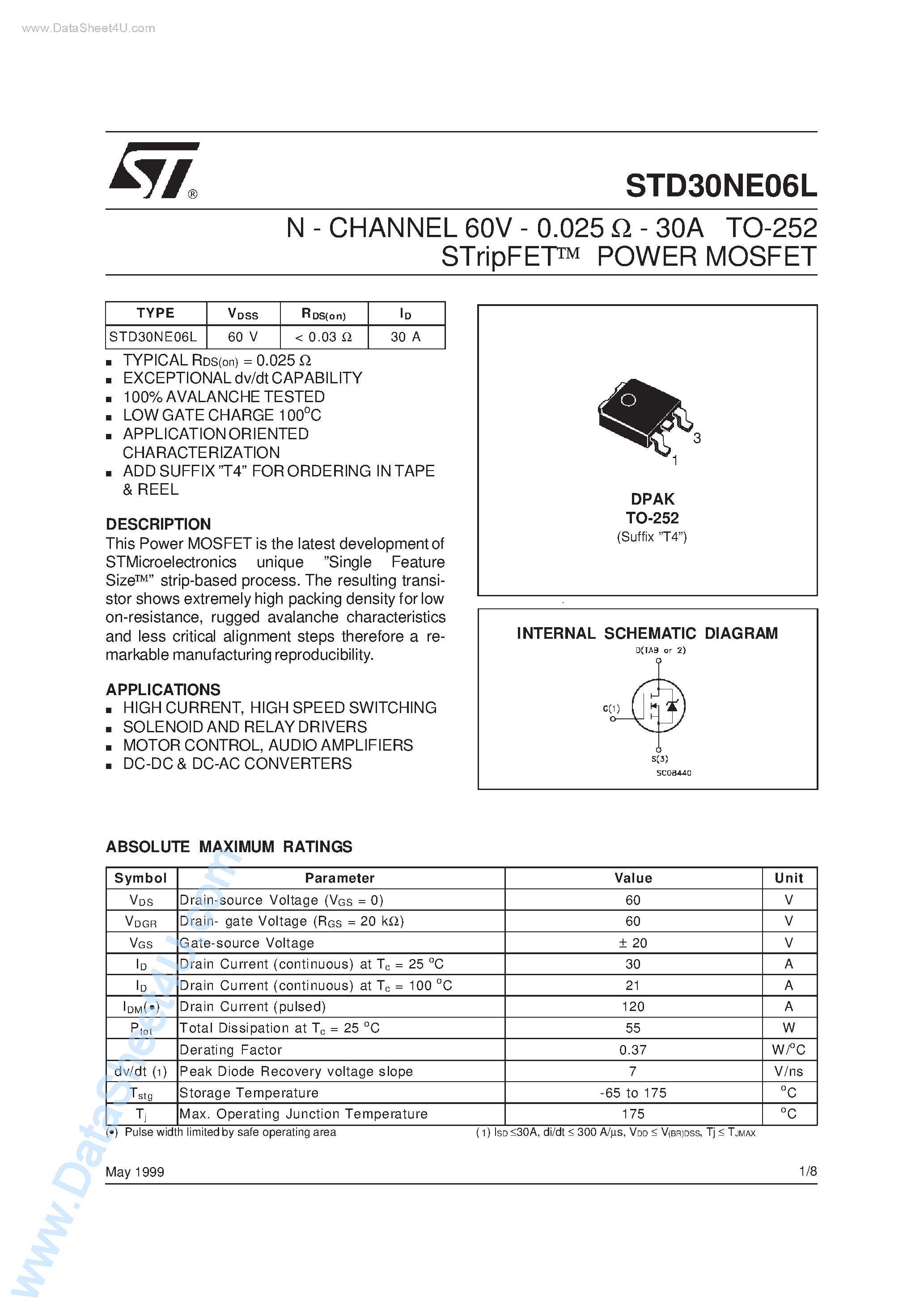 Datasheet STD30NE06L page 1 Datasheet STD30NE06L - N-CHANNEL POWER MOSFET page 1