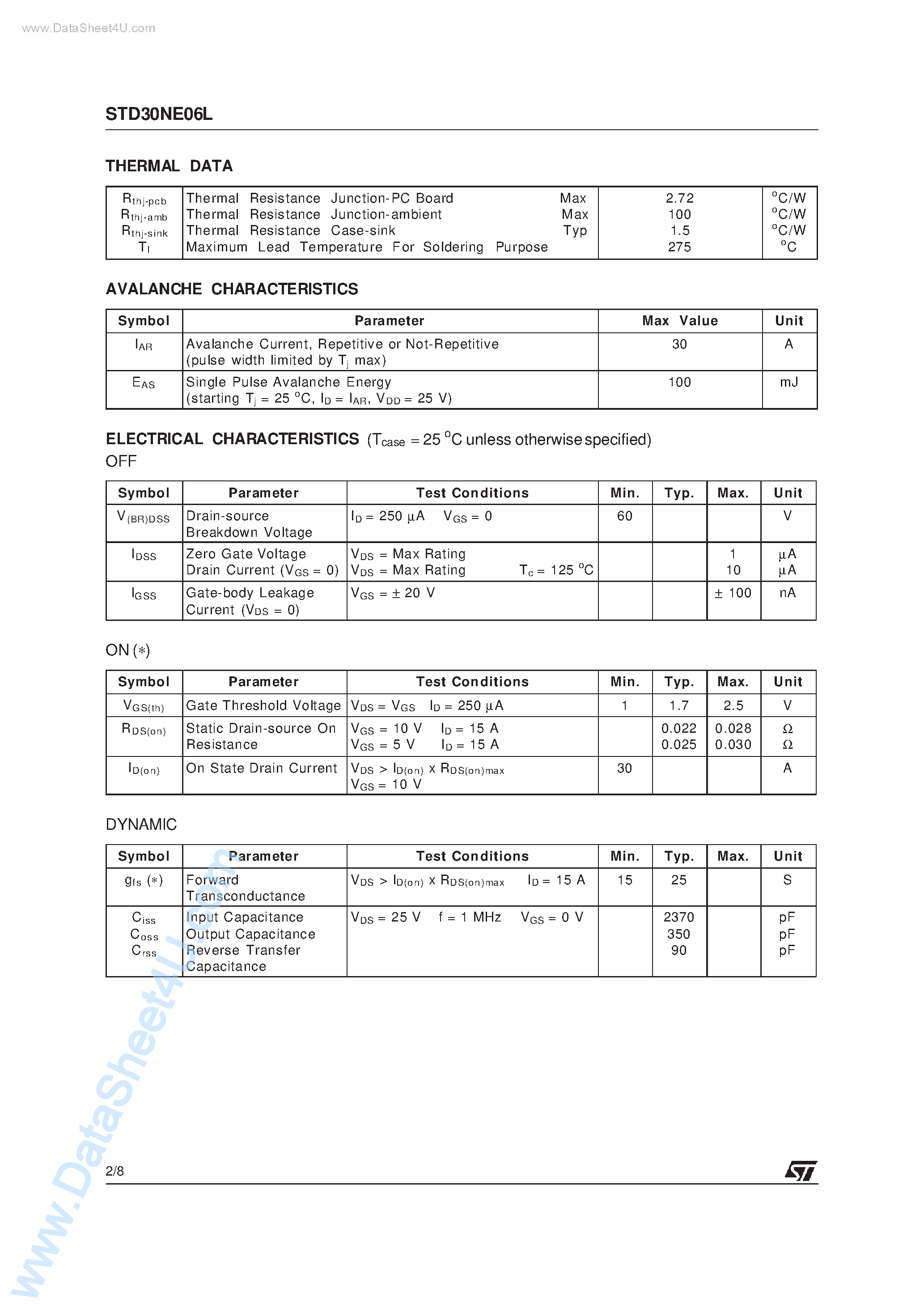 Datasheet STD30NE06L page 2 Datasheet STD30NE06L - N-CHANNEL POWER MOSFET page 2