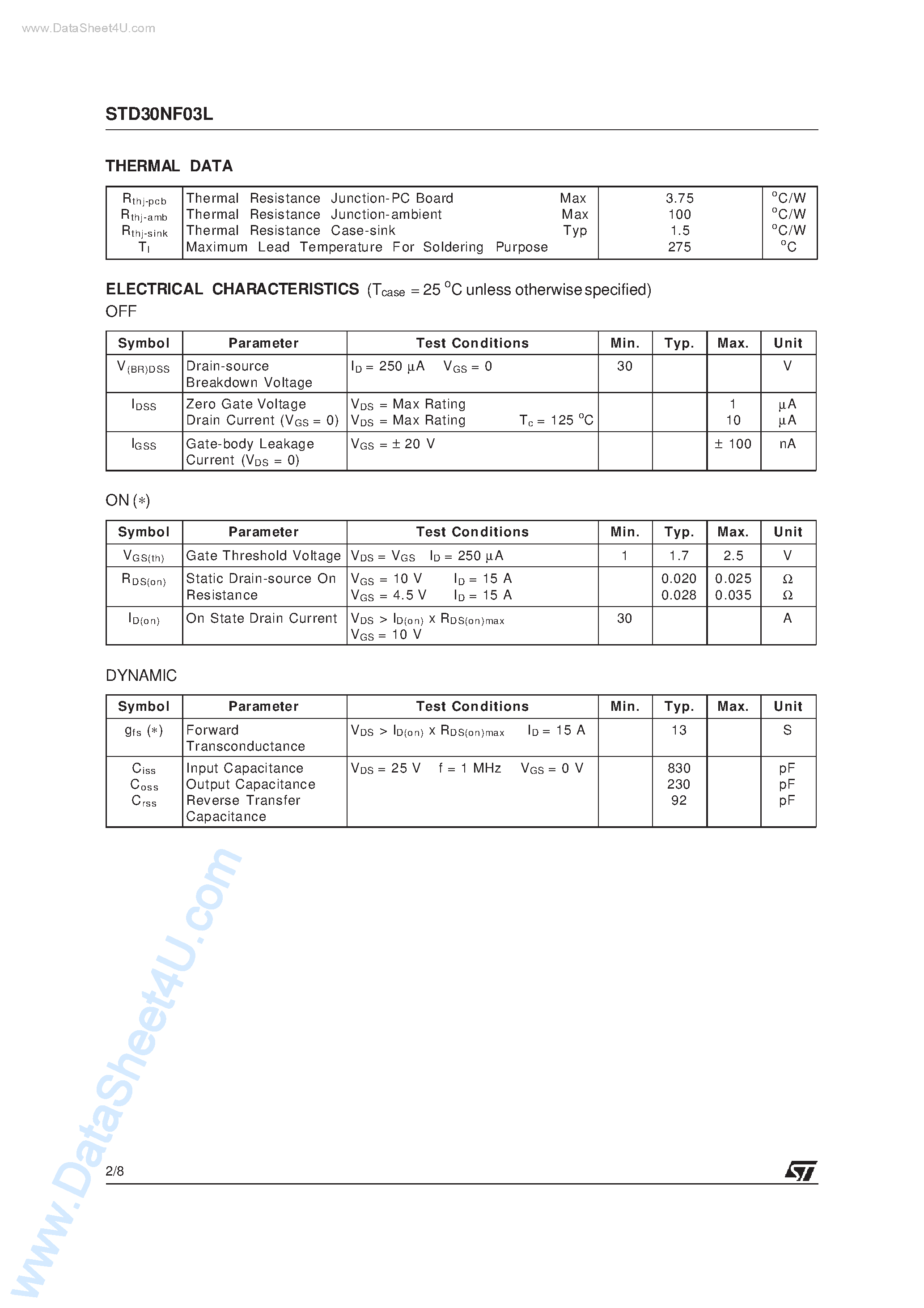 Datasheet STD30NF03L page 2 Datasheet STD30NF03L - N-CHANNEL POWER MOSFET page 2