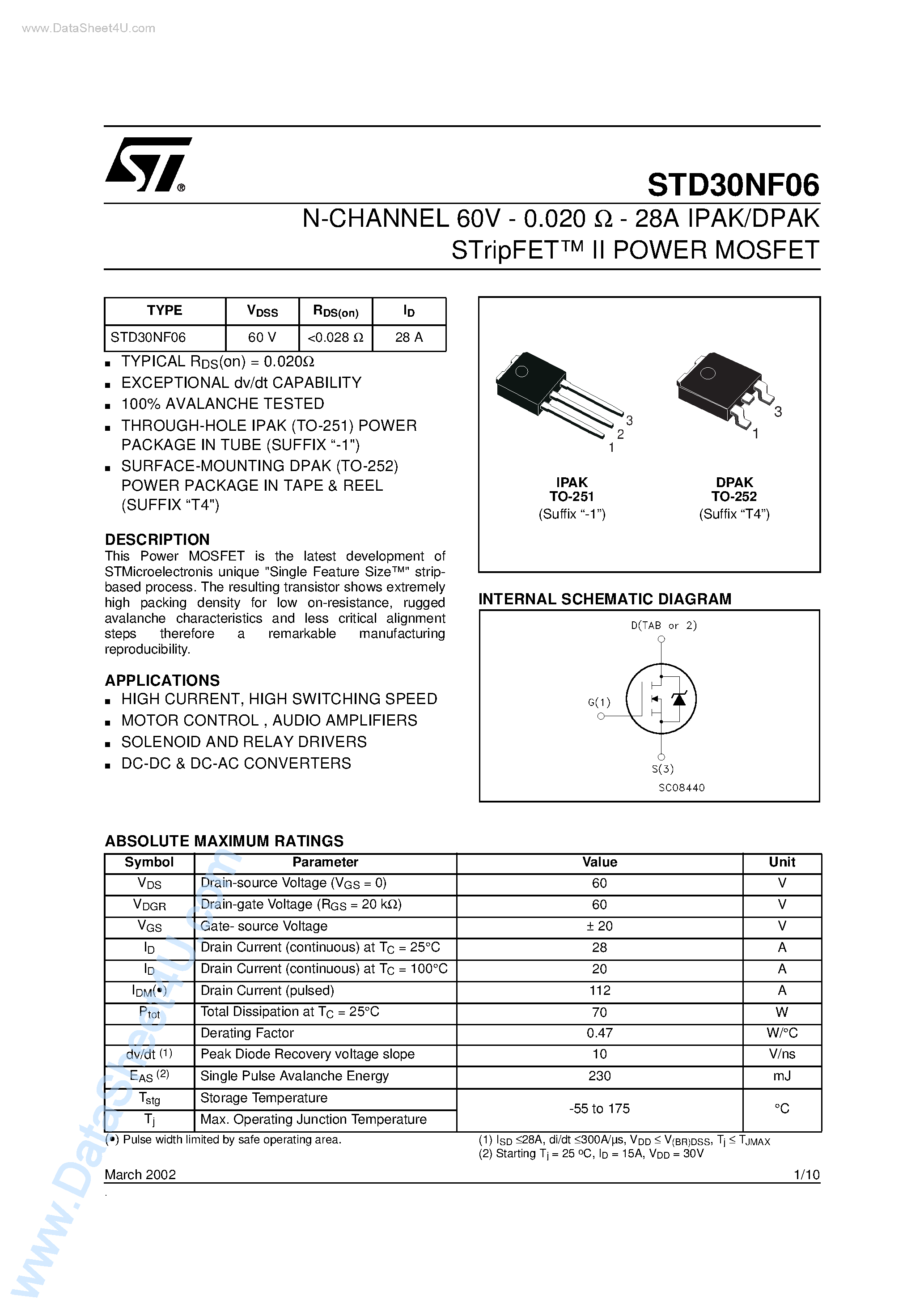 Datasheet STD30NF06 page 1 Datasheet STD30NF06 - N-CHANNEL POWER MOSFET page 1