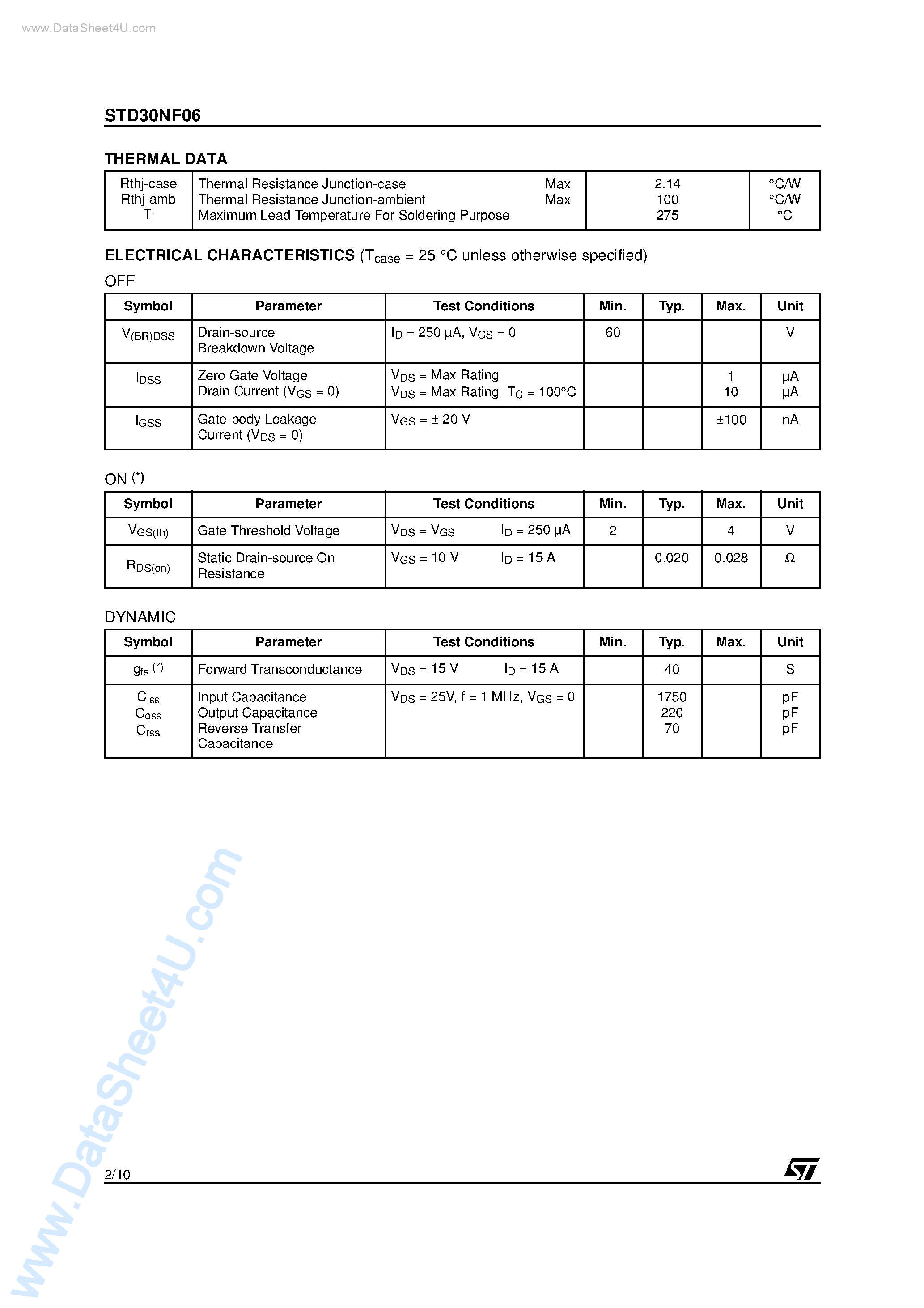 Datasheet STD30NF06 page 2 Datasheet STD30NF06 - N-CHANNEL POWER MOSFET page 2