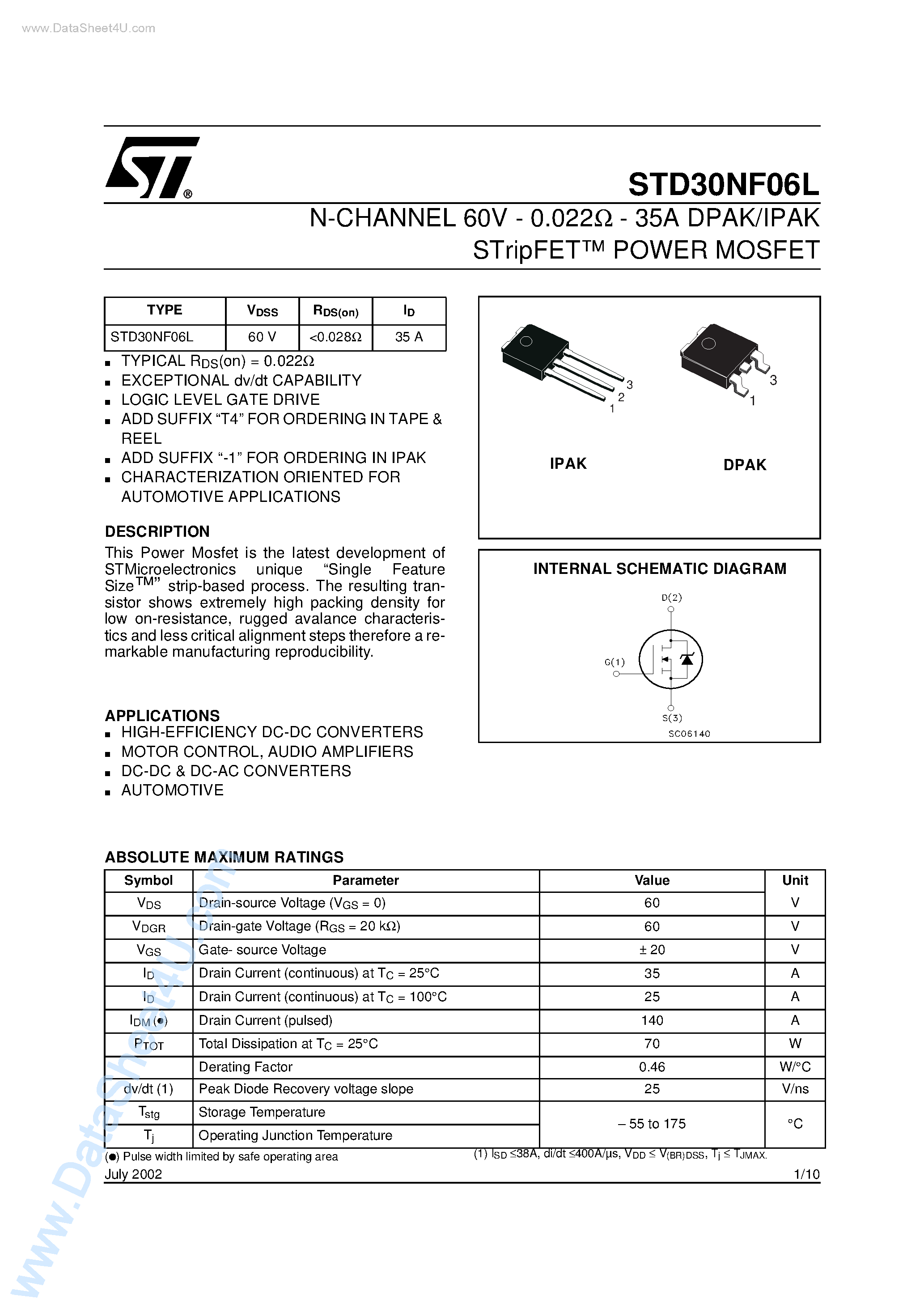 Даташит STD30NF06L - N-CHANNEL POWER MOSFET страница 1