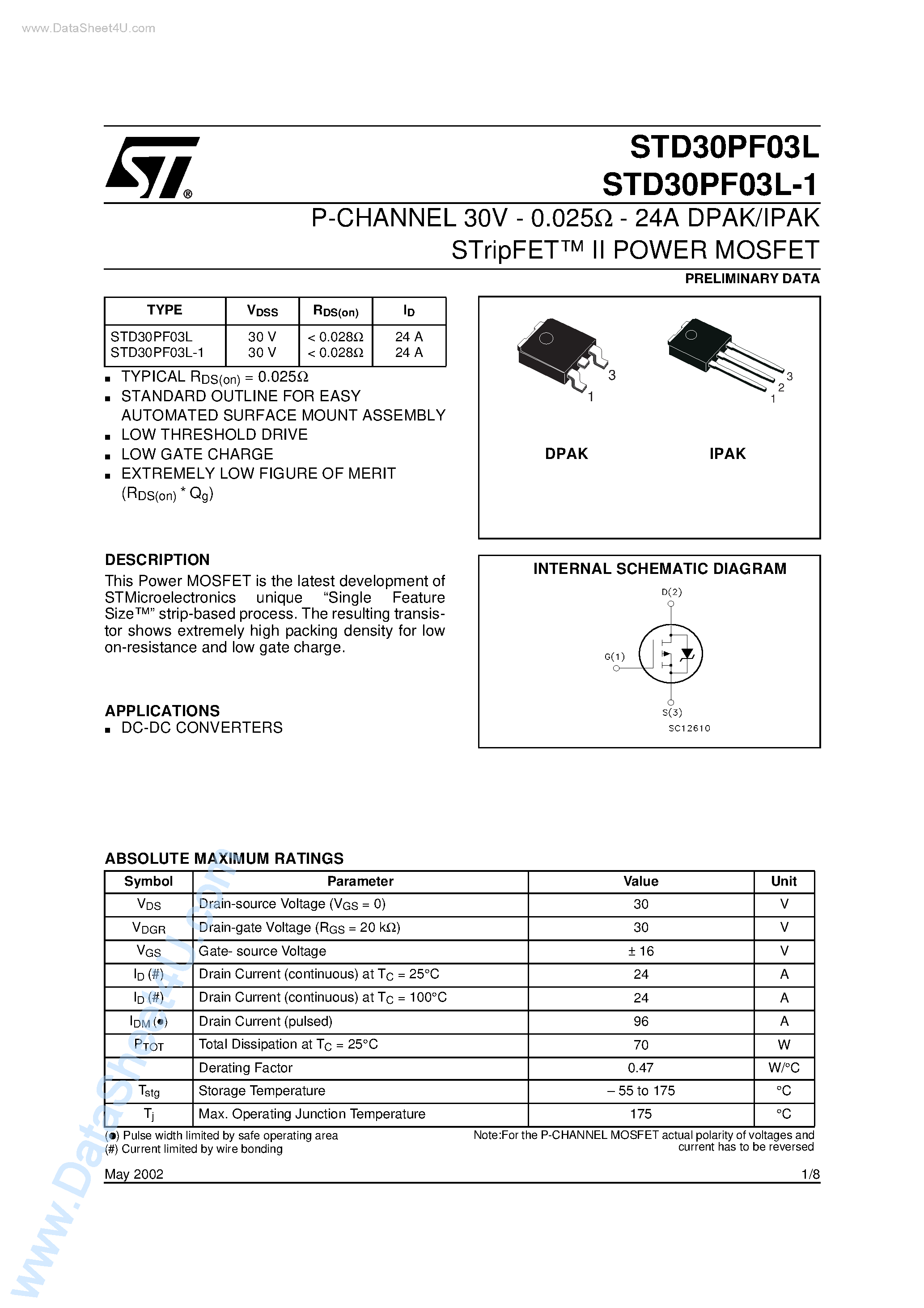 Datasheet STD30PF03L page 1 Datasheet STD30PF03L - P-CHANNEL POWER MOSFET page 1
