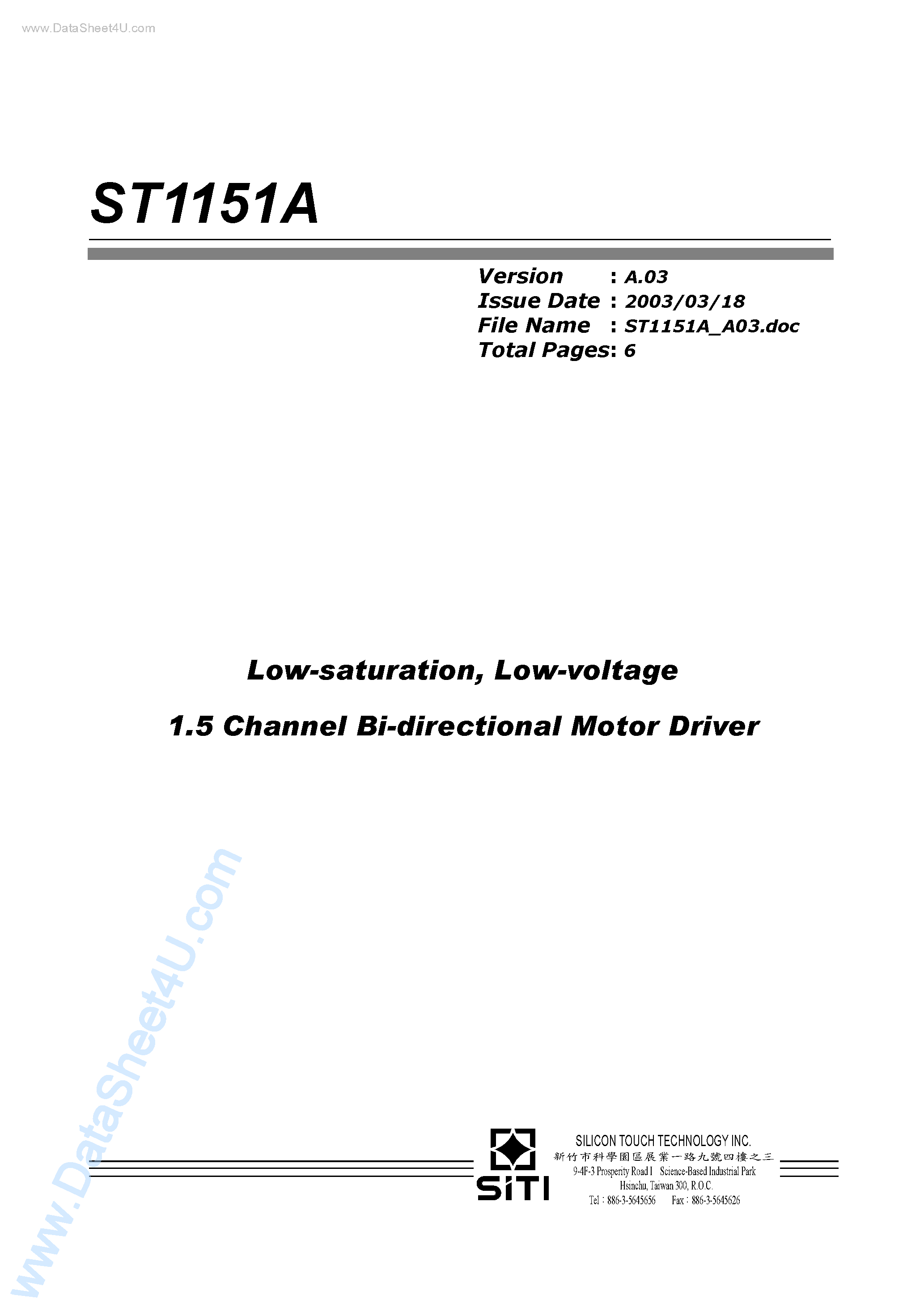 Datasheet ST1151A - Low-voltage 1.5 Channel Bi-directional Motor Driver page 1