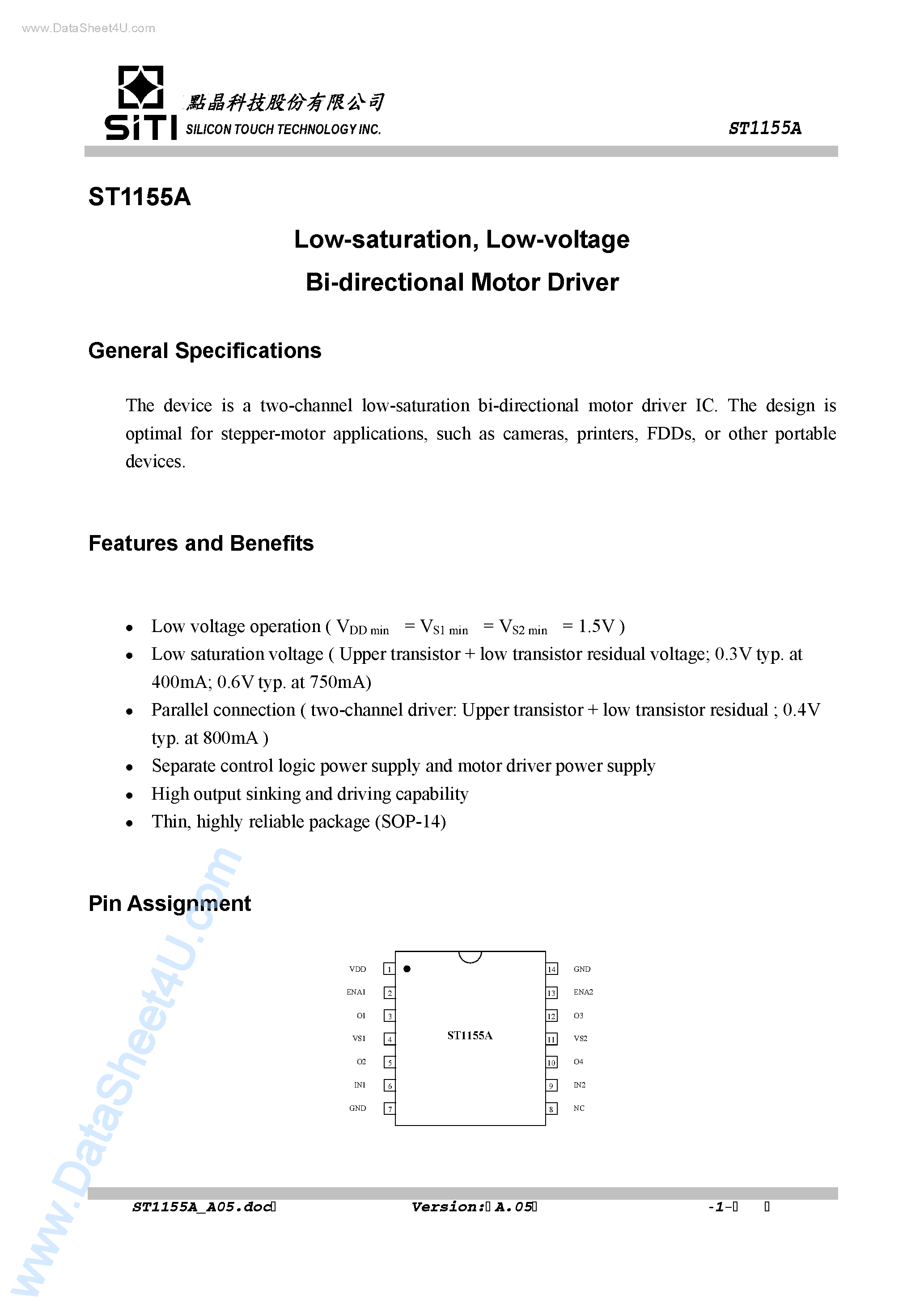 Даташит ST1155A - Low-voltage bi-directional Motor Driver страница 2