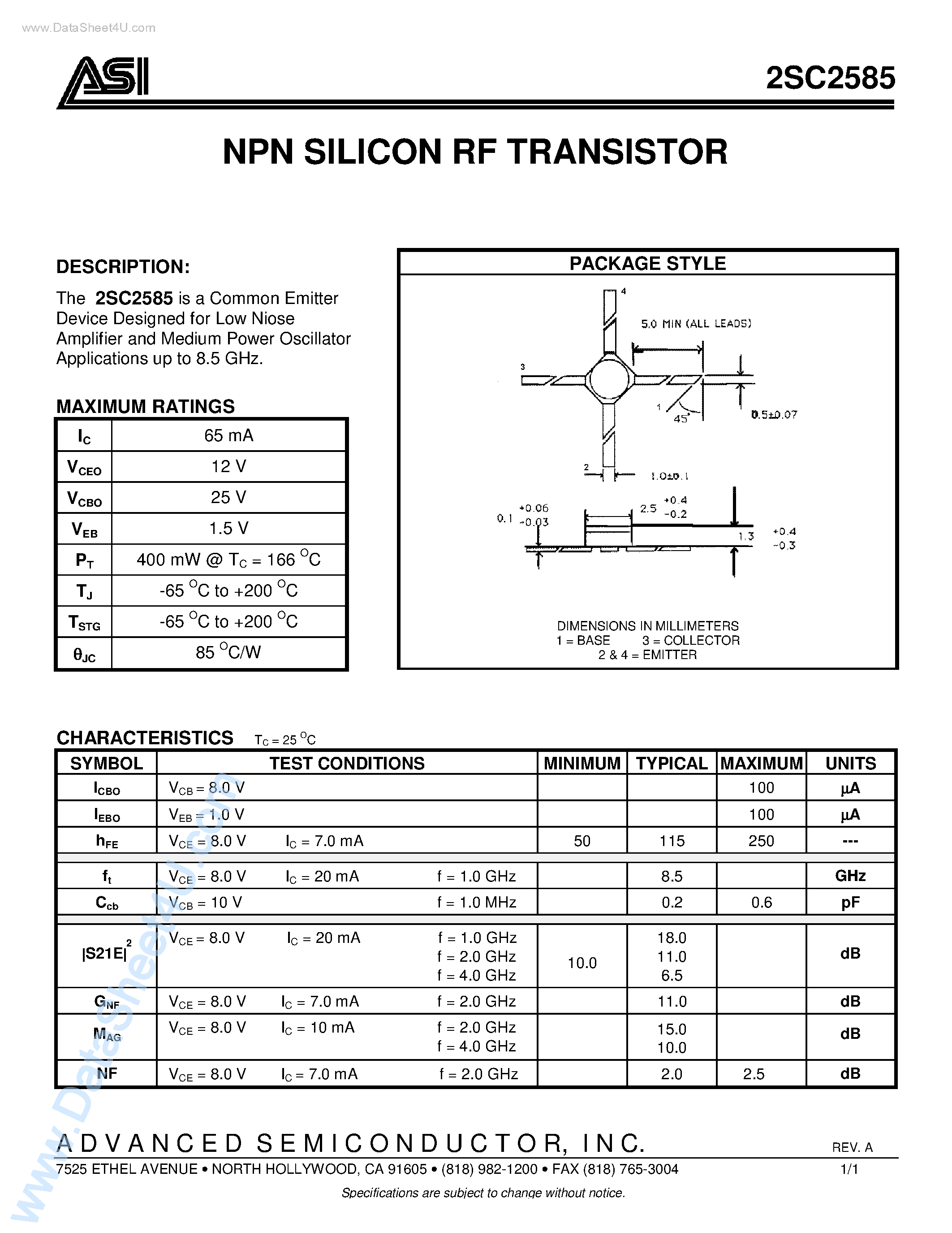 Datasheet 2SC2585 - NPN SILICON RF TRANSISTOR page 1