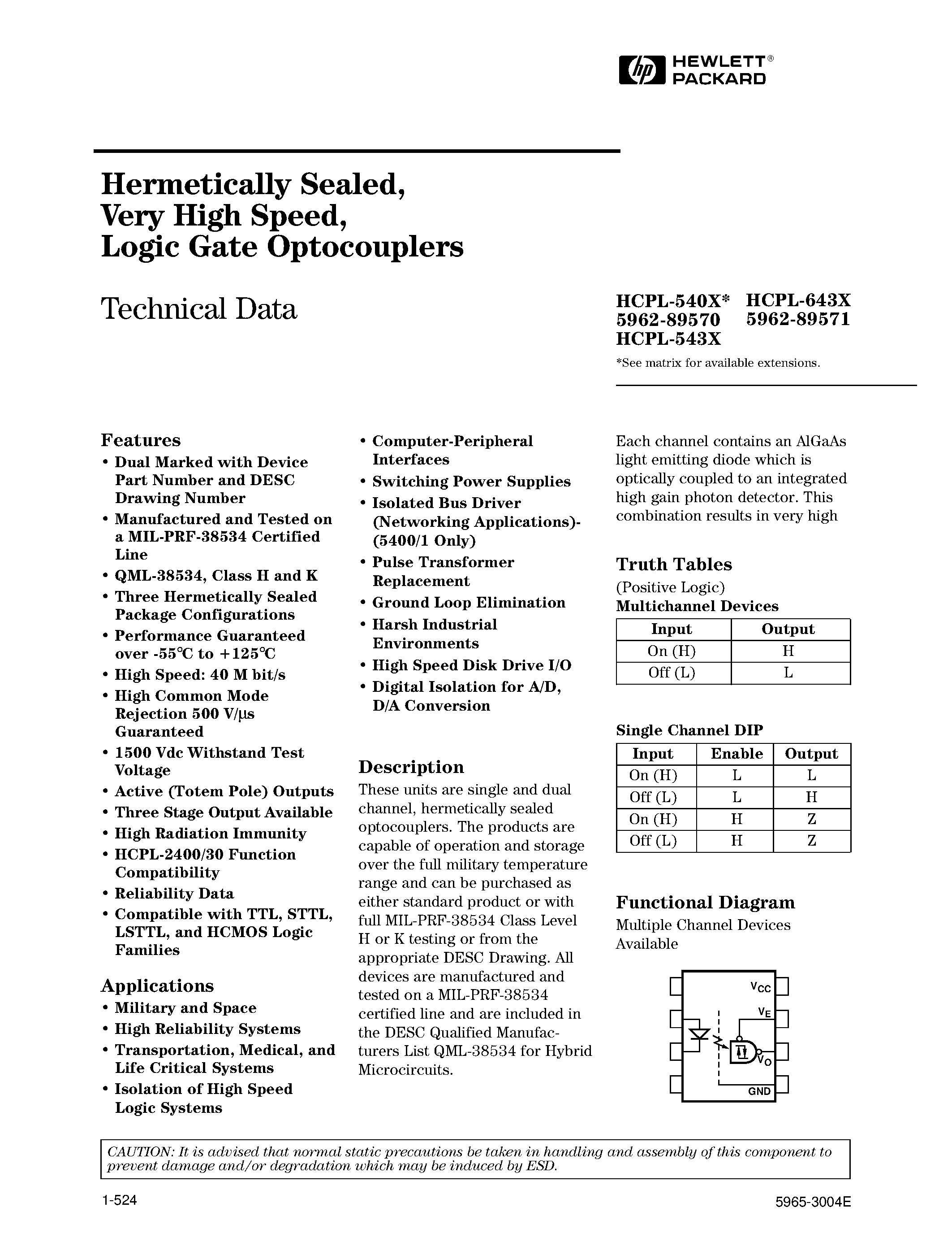 Даташит HCPL-5400 - Hermetically Sealed/ Very High Speed/ Logic Gate Optocouplers страница 1
