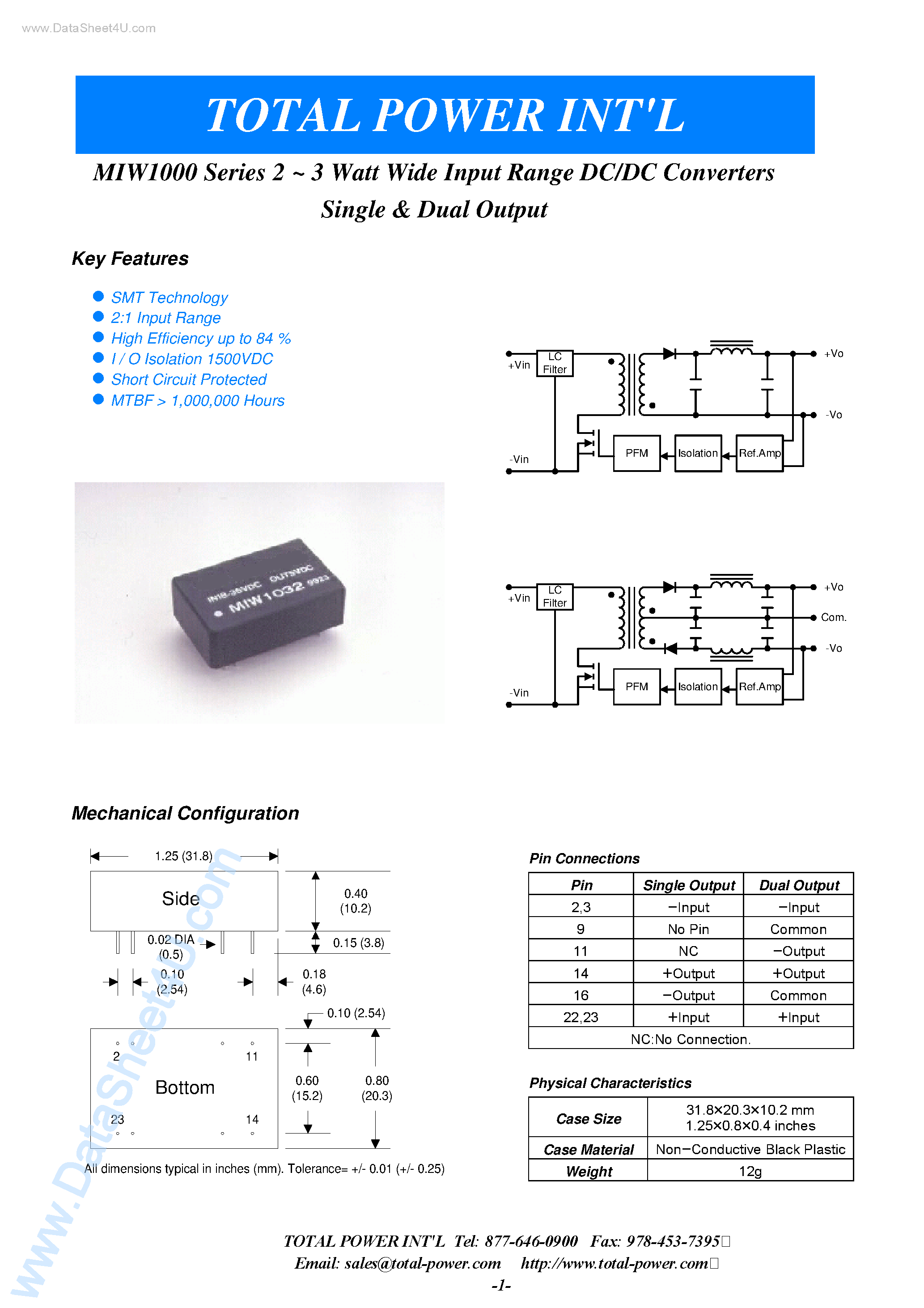 Datasheet MIW1000 - (MIW1000 Series) MIW1000 SERIES 2-3 WATT INPUT RANGE DC/DC CONVERTERS SINGLE AND DUAL OUTPUT page 1