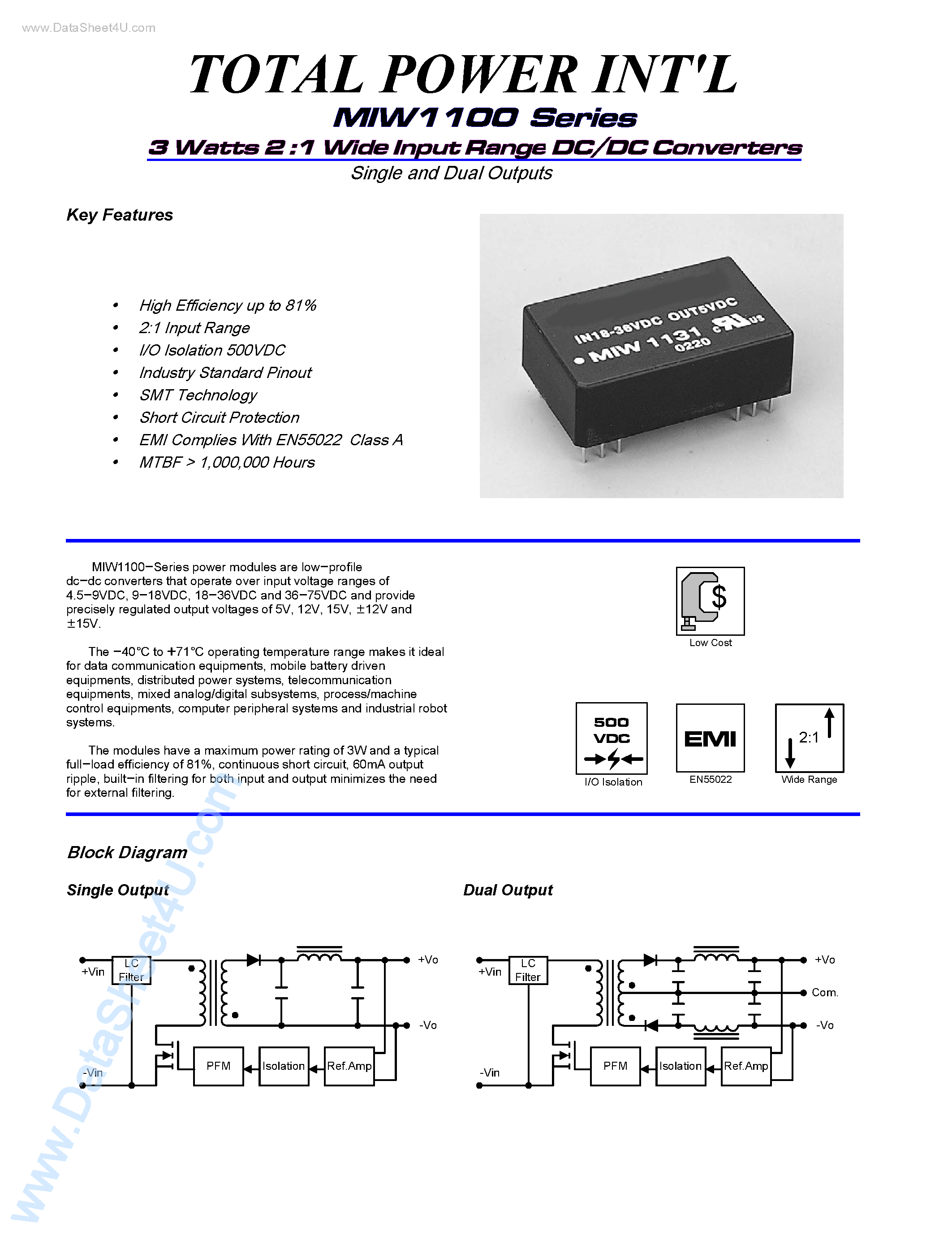 Datasheet MIW1100 - (MIW1100 Series) 3 Watts 2 :1 Wide Input Range DC/DC Converters page 1