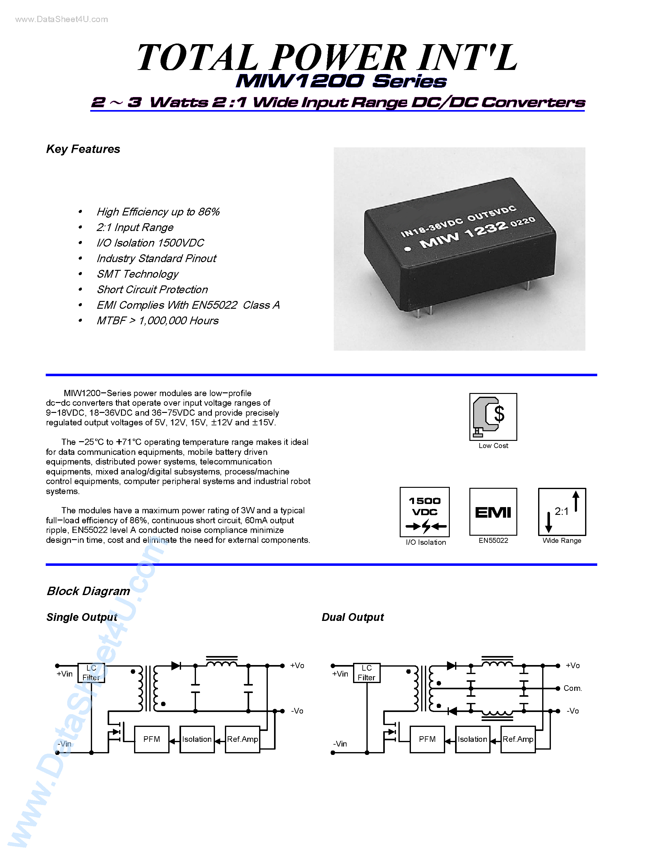 Datasheet MIW1200 - (MIW1200 Series) 2 - 3 Watts 2 :1 Wide Input Range DC/DC Converters page 1