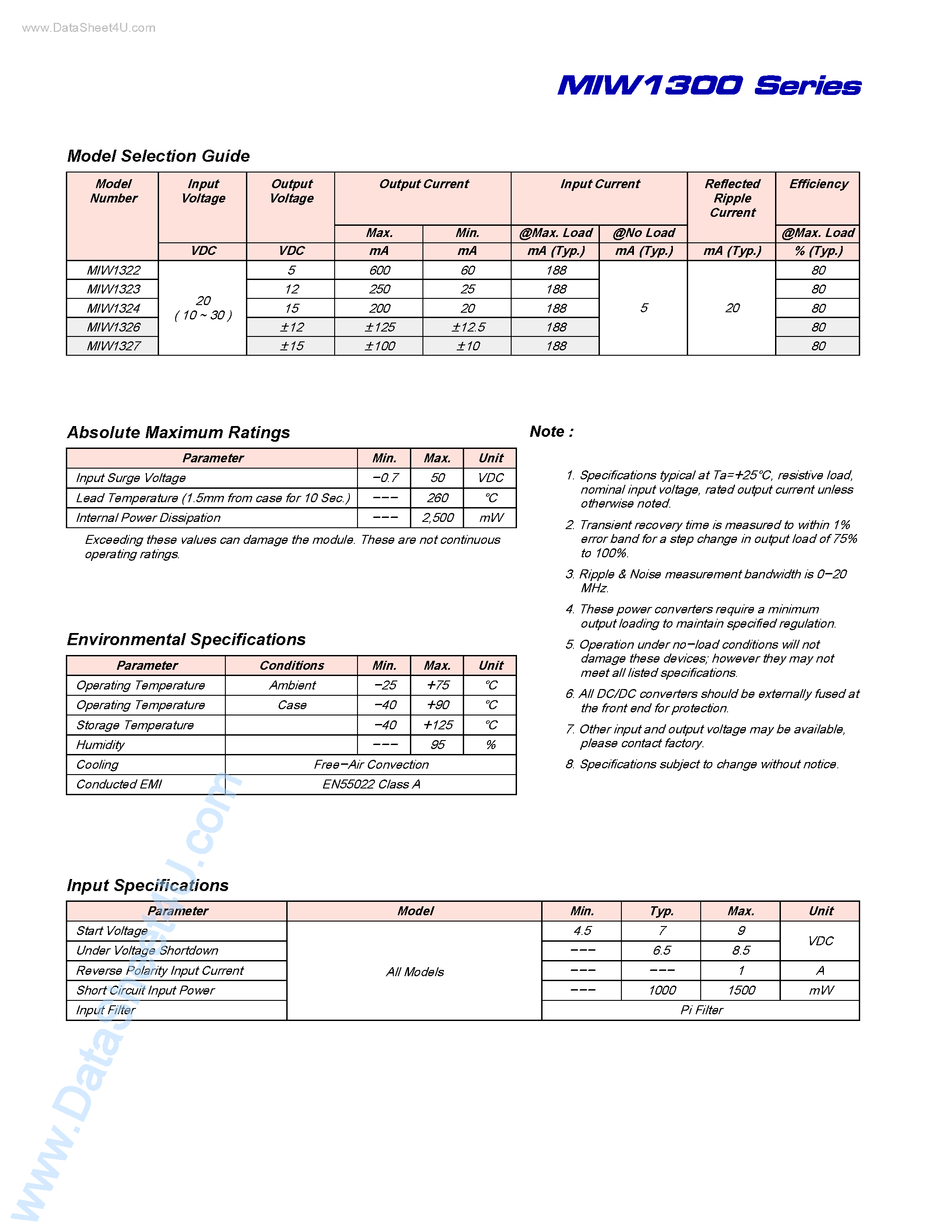 Datasheet MIW1300 - (MIW1300 Series) 3 Watts 3 :1 Wide Input Range DC/DC Converters Single and Dual Outputs page 2