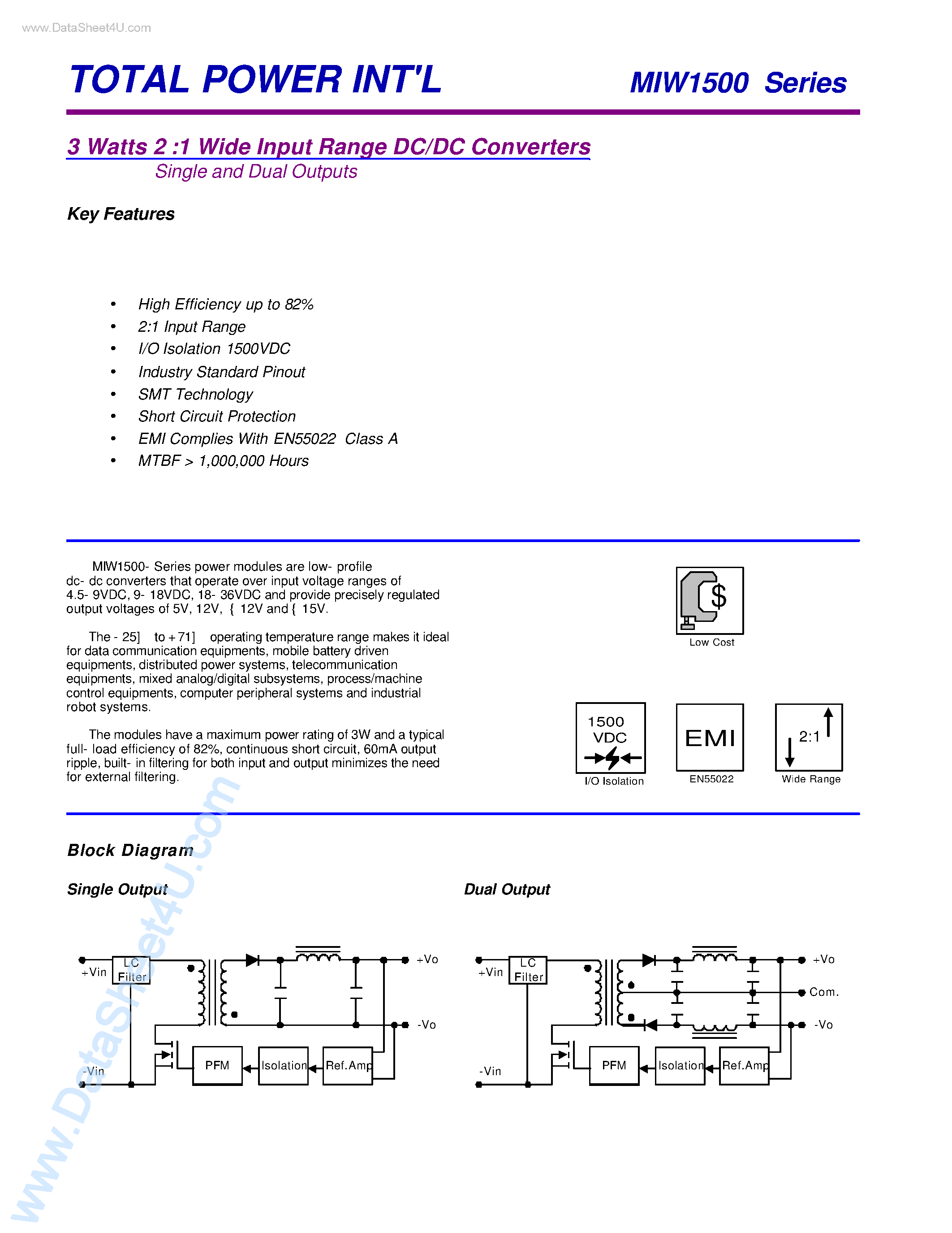 Datasheet MIW1500 - (MIW1500 Series) 3 Watts 2 :1 Wide Input Range DC/DC Converters page 1