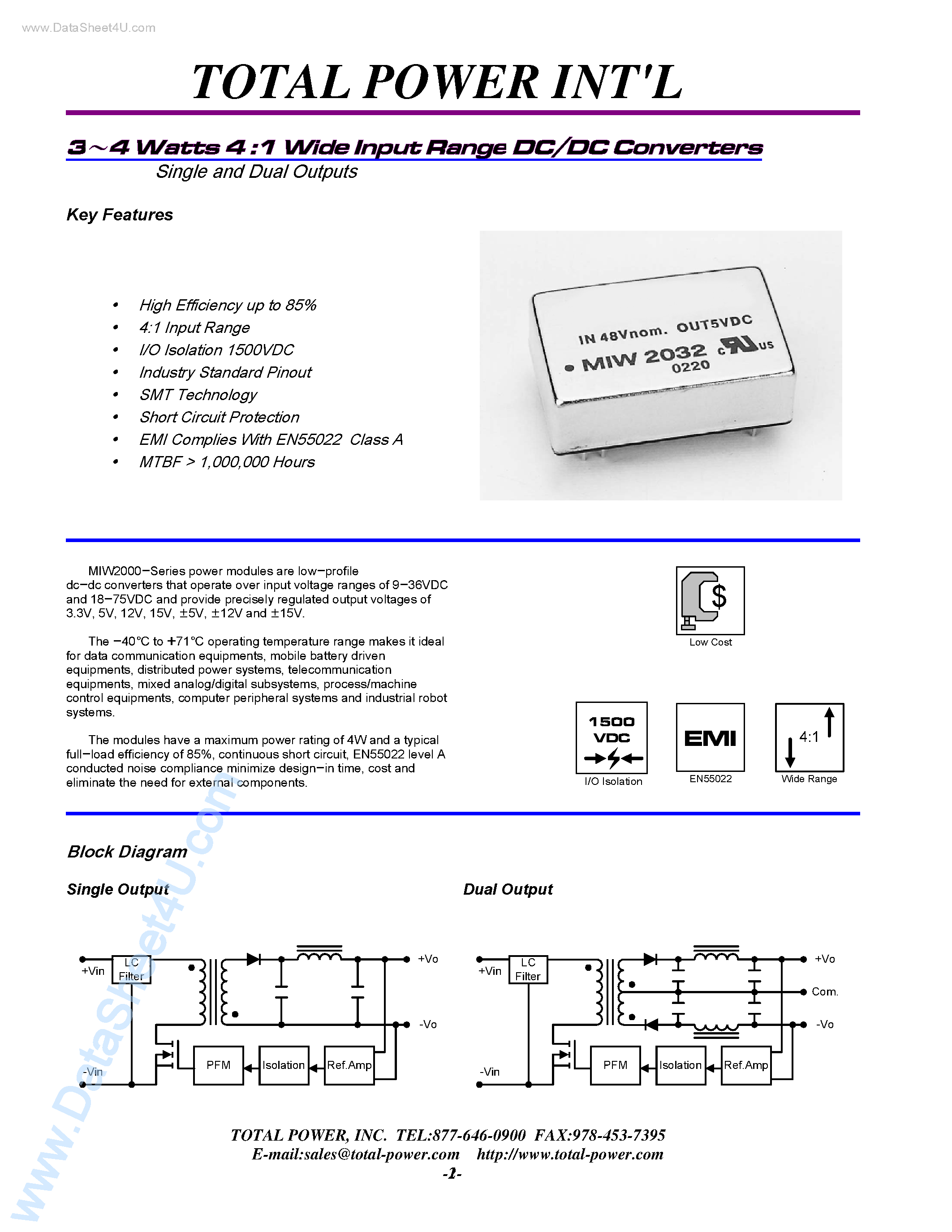 Datasheet MIW2000 - (MIW2000 Series) 3-4 Watts 4 :1 Wide Input Range DC/DC Converters page 1