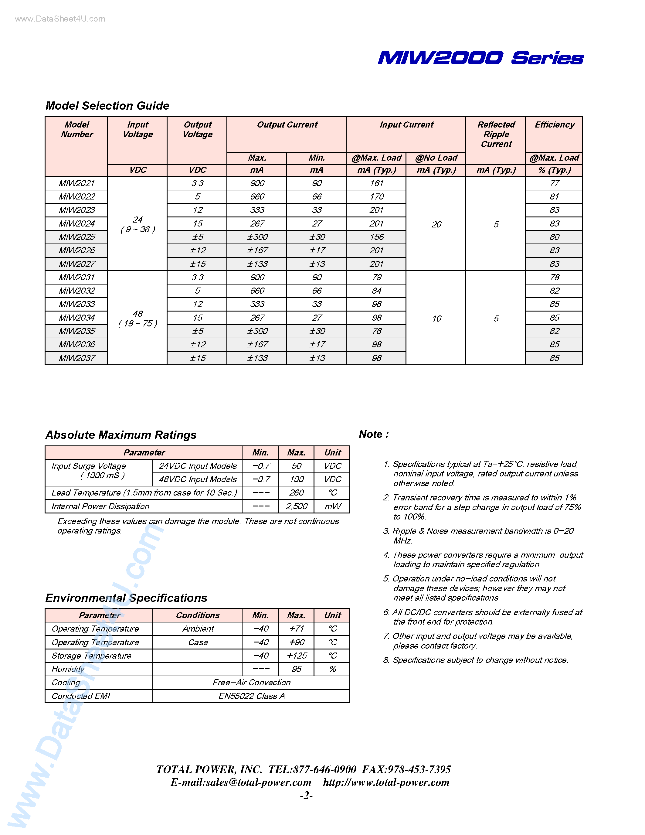 Datasheet MIW2000 - (MIW2000 Series) 3-4 Watts 4 :1 Wide Input Range DC/DC Converters page 2