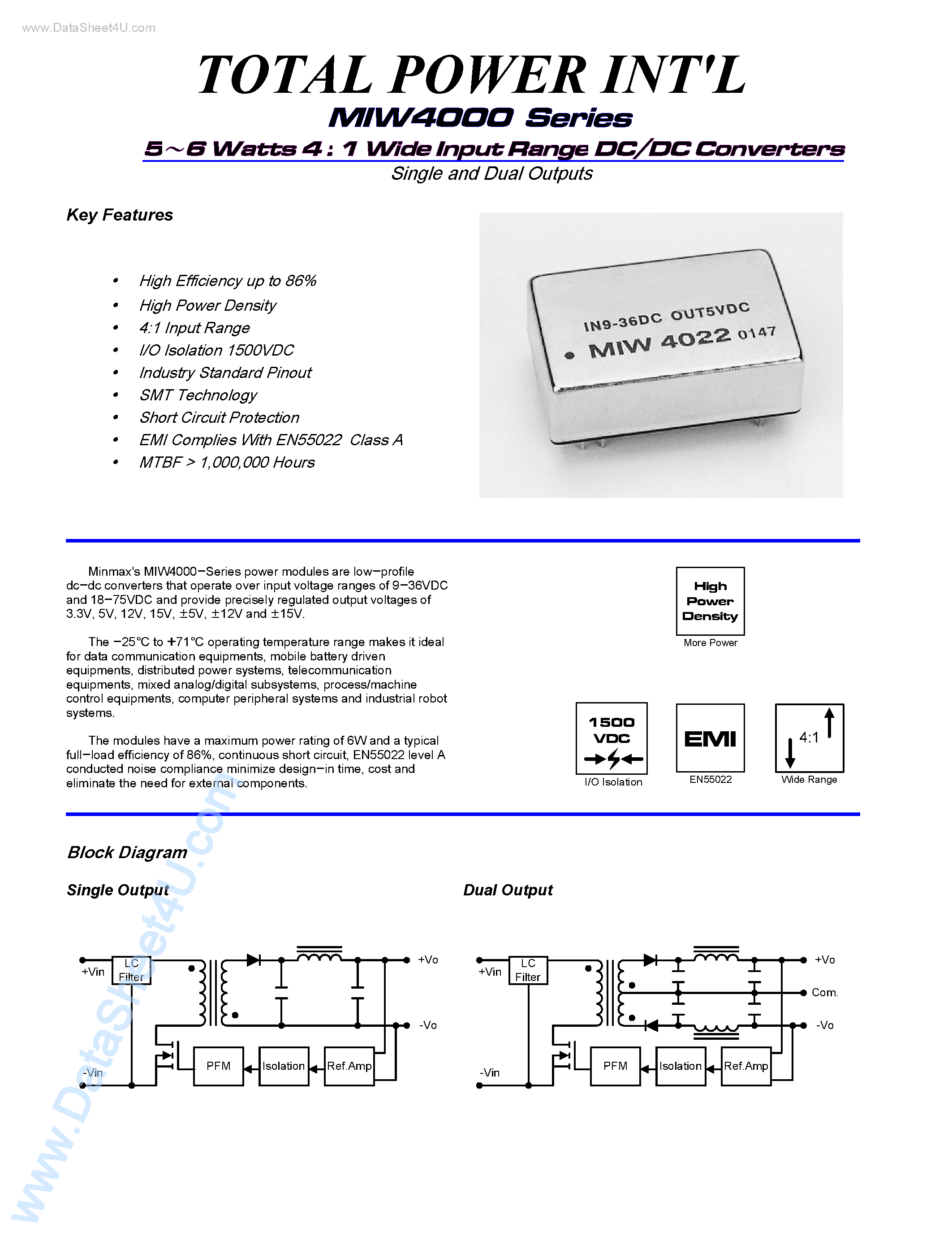 Datasheet MIW4000 - (MIW4000 Series) 5-6 Watts 4 : 1 Wide Input Range DC/DC Converters Single and Dual Outputs page 1