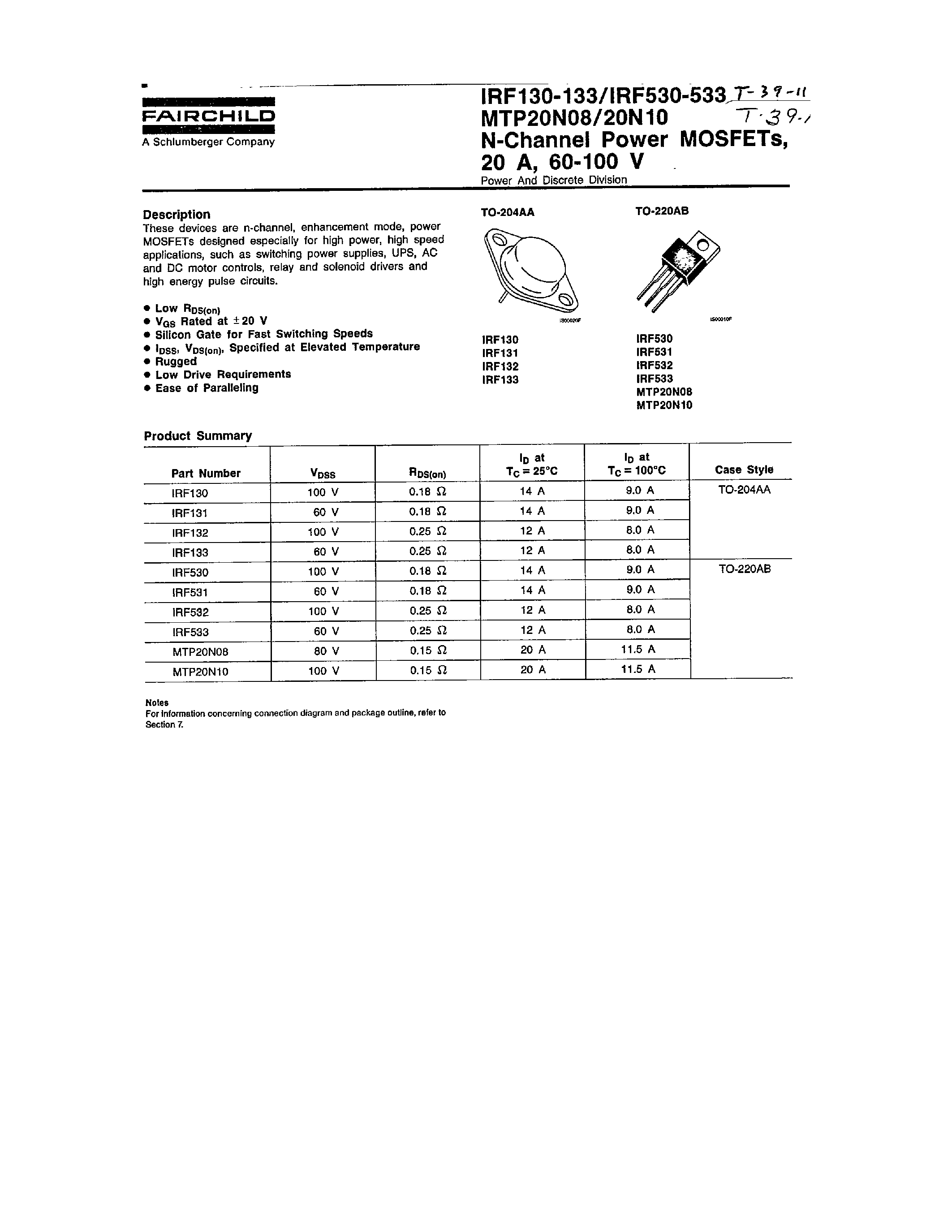 Datasheet MTP20N08 - (MTP20N08 / MTP20N10) N-Channel Power MOSFETs page 1