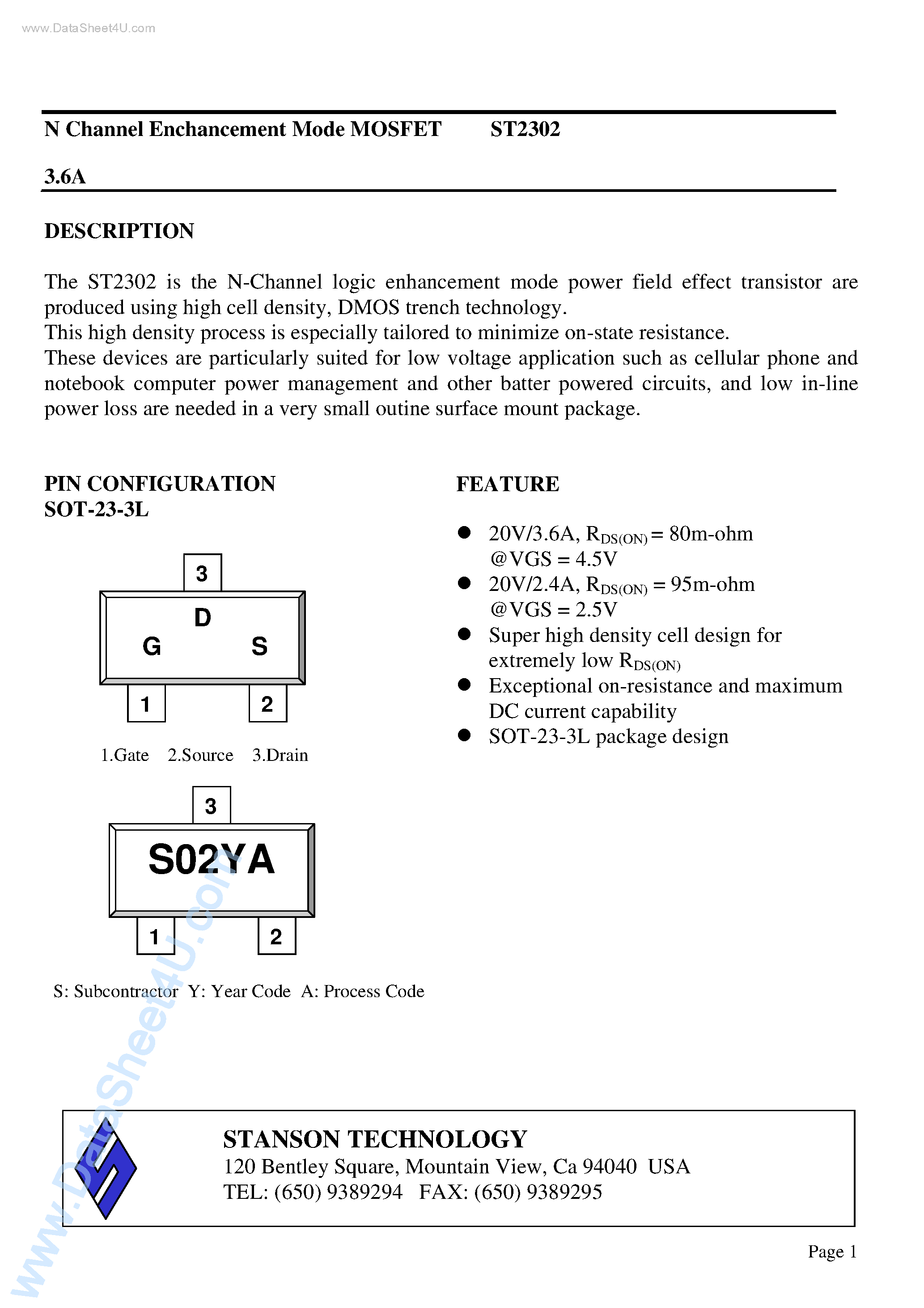 Datasheet ST2302 page 1 Datasheet ST2302 - N Channel Enchancement Mode MOSFET page 1