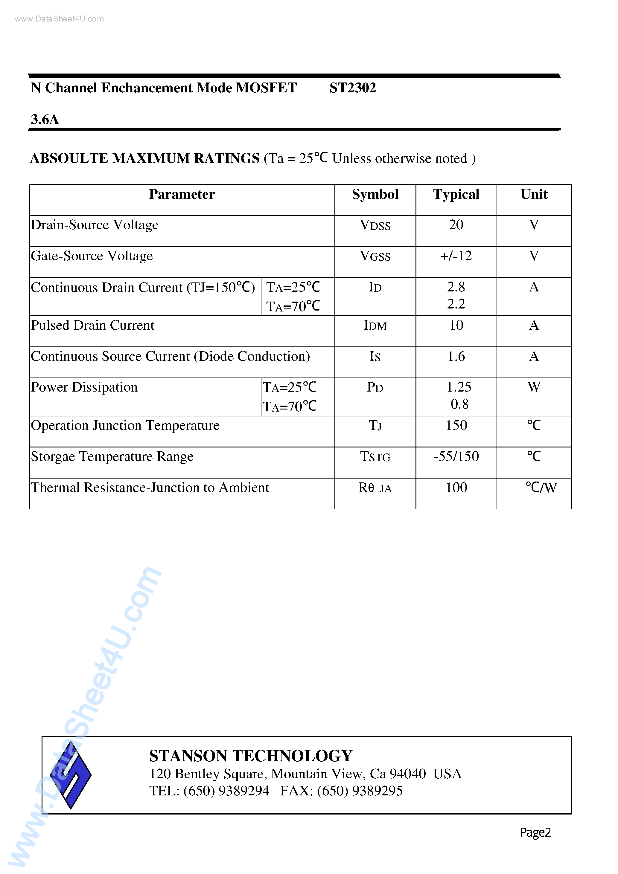 Datasheet ST2302 page 2 Datasheet ST2302 - N Channel Enchancement Mode MOSFET page 2