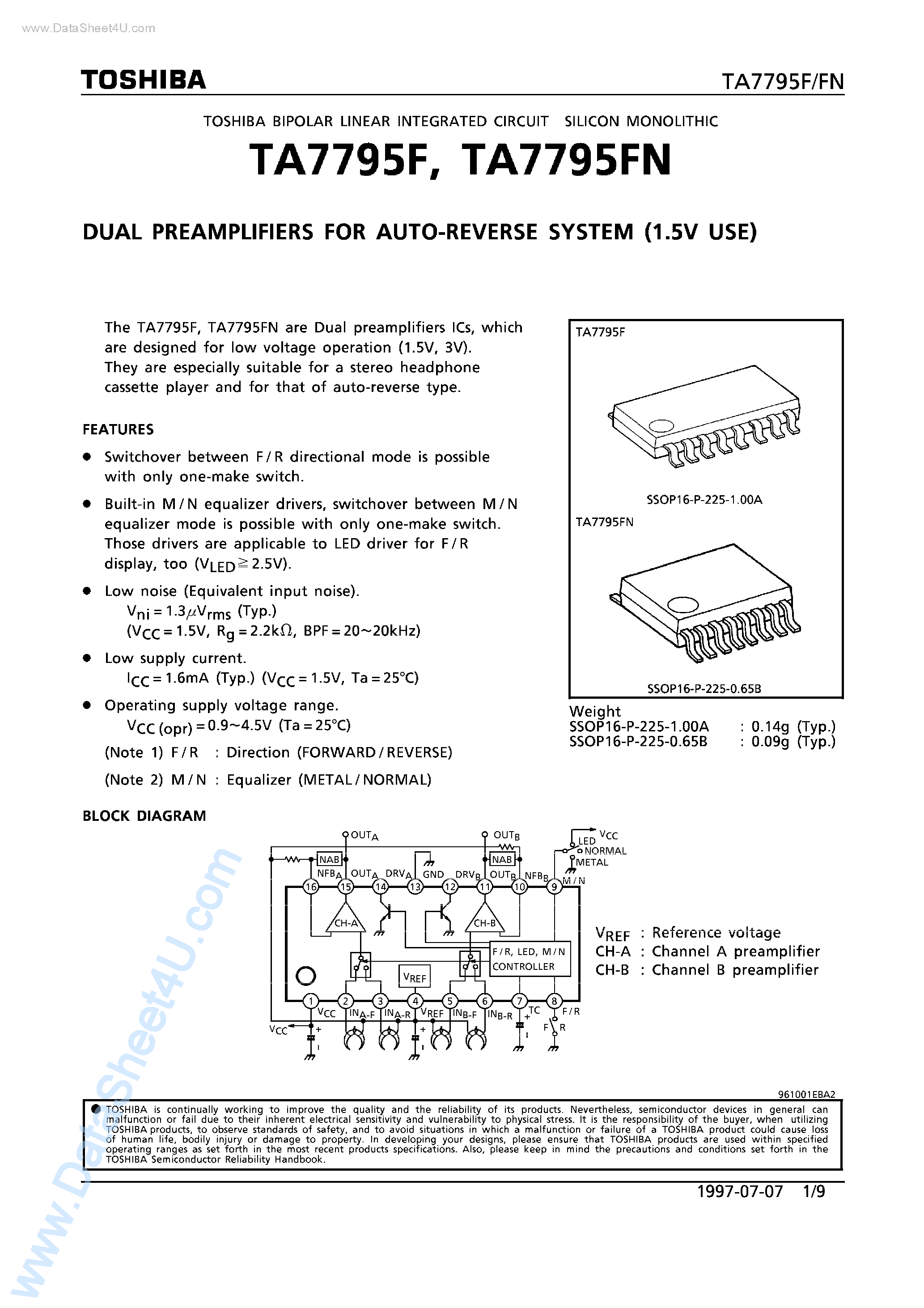 Даташит на микросхему TA7795F страница 1 Даташит TA7795F - DUAL PREAMPLIFIERS FOR AUTO-REVERSE SYSTEM (1.5V USE) страница 1