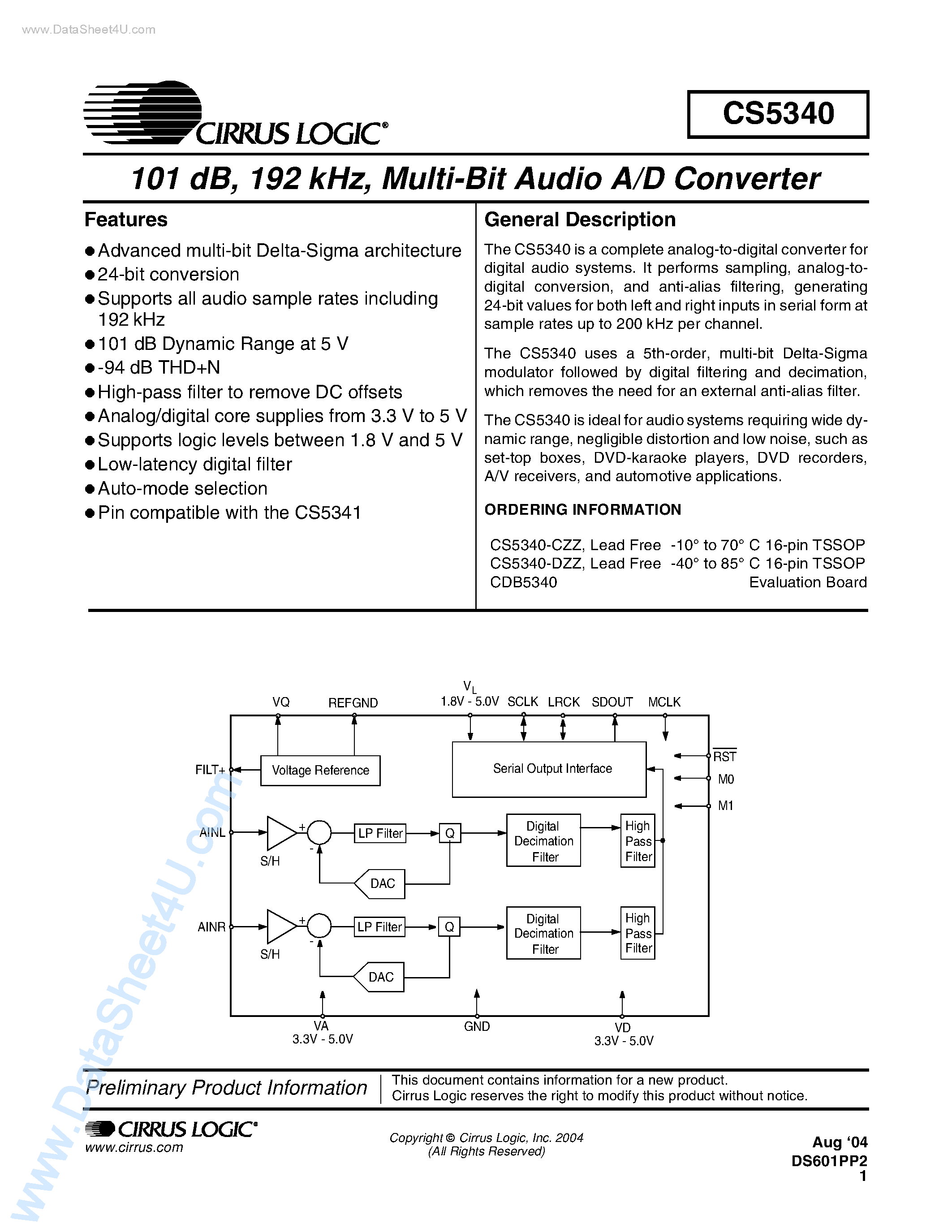 Даташит на микросхему CS5340 страница 1 Даташит CS5340 - MULTI-BIT AUDIO A/D CONVERTER страница 1