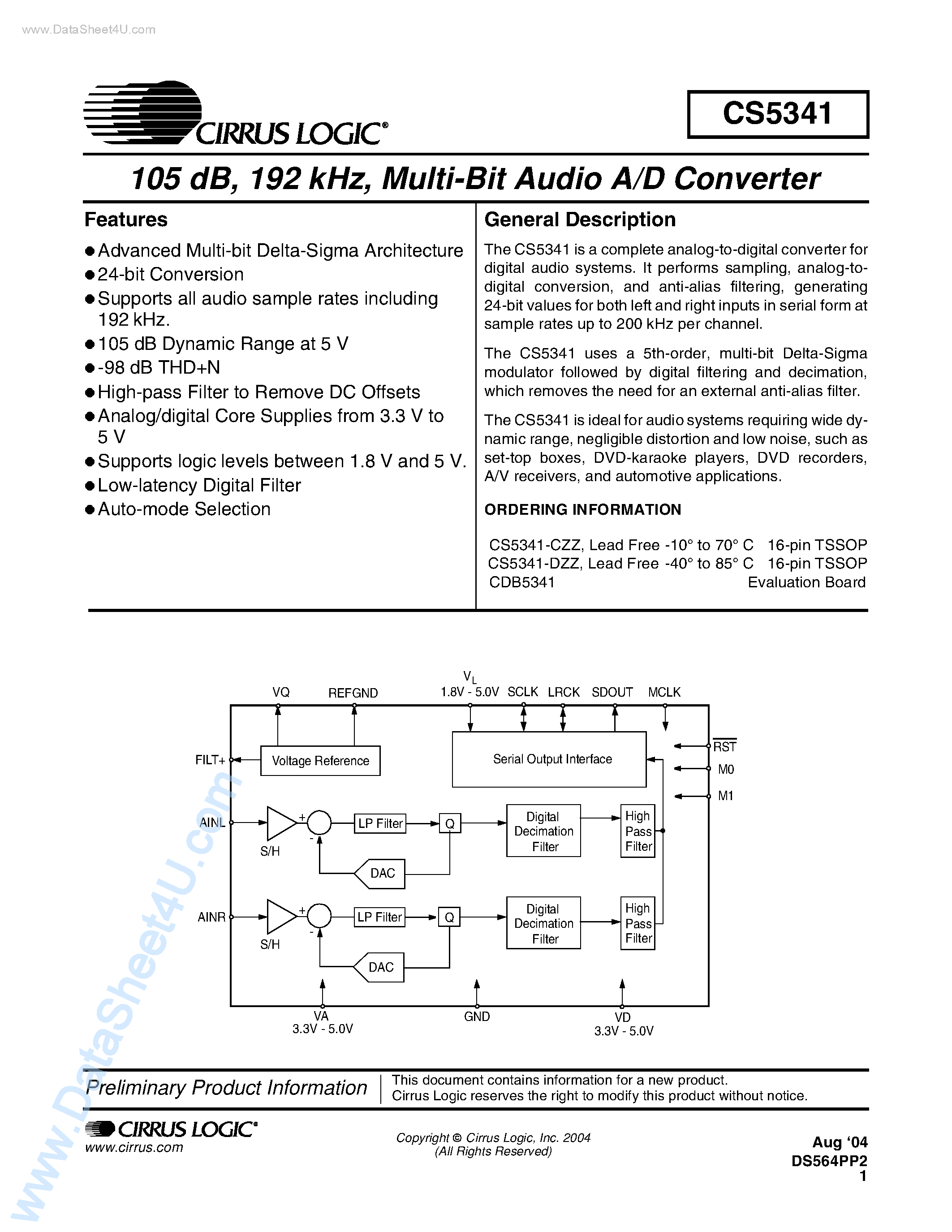 Даташит CS5341 - MULTI-BIT AUDIO A/D CONVERTER страница 1