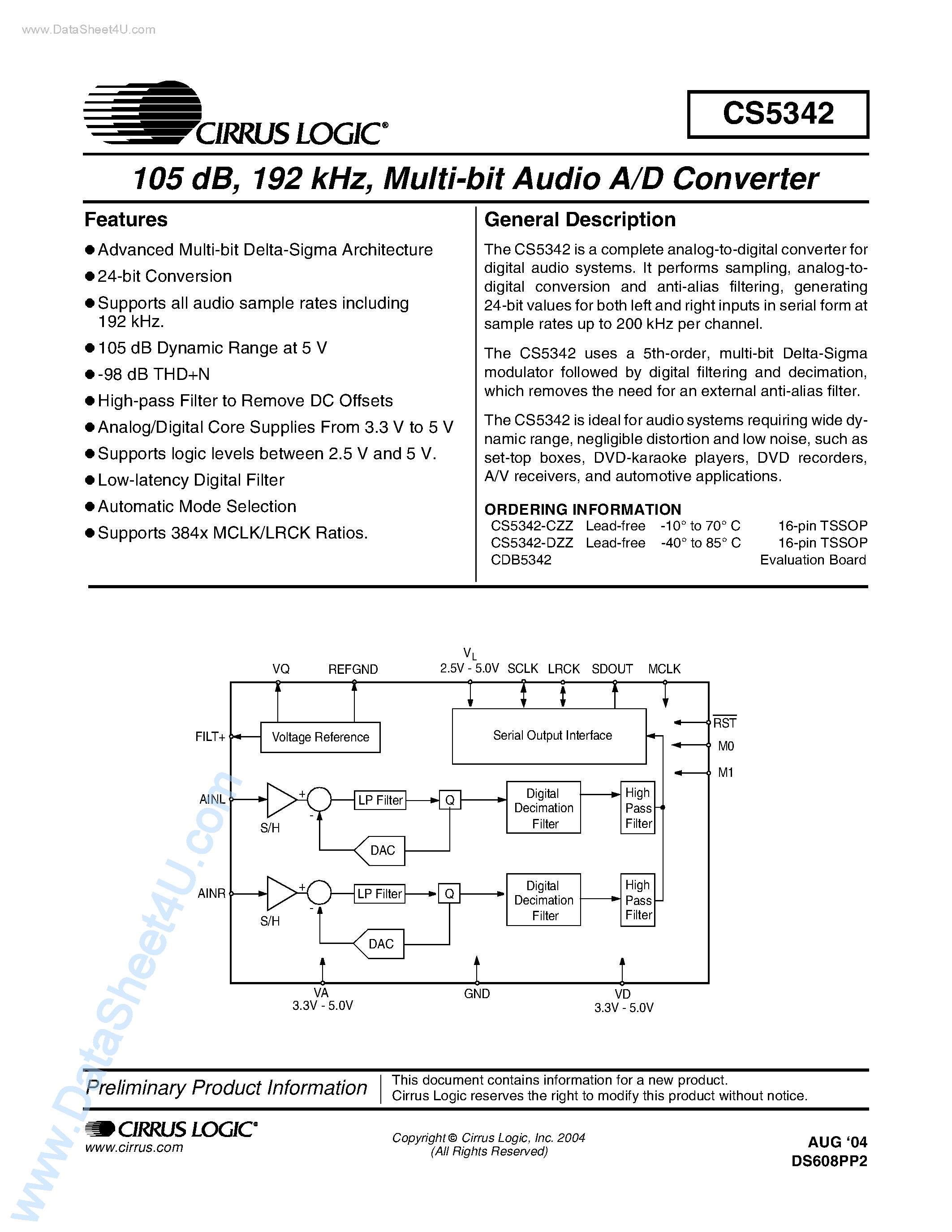 Даташит на микросхему CS5342 страница 1 Даташит CS5342 - MULTI-BIT AUDIO A/D CONVERTER страница 1