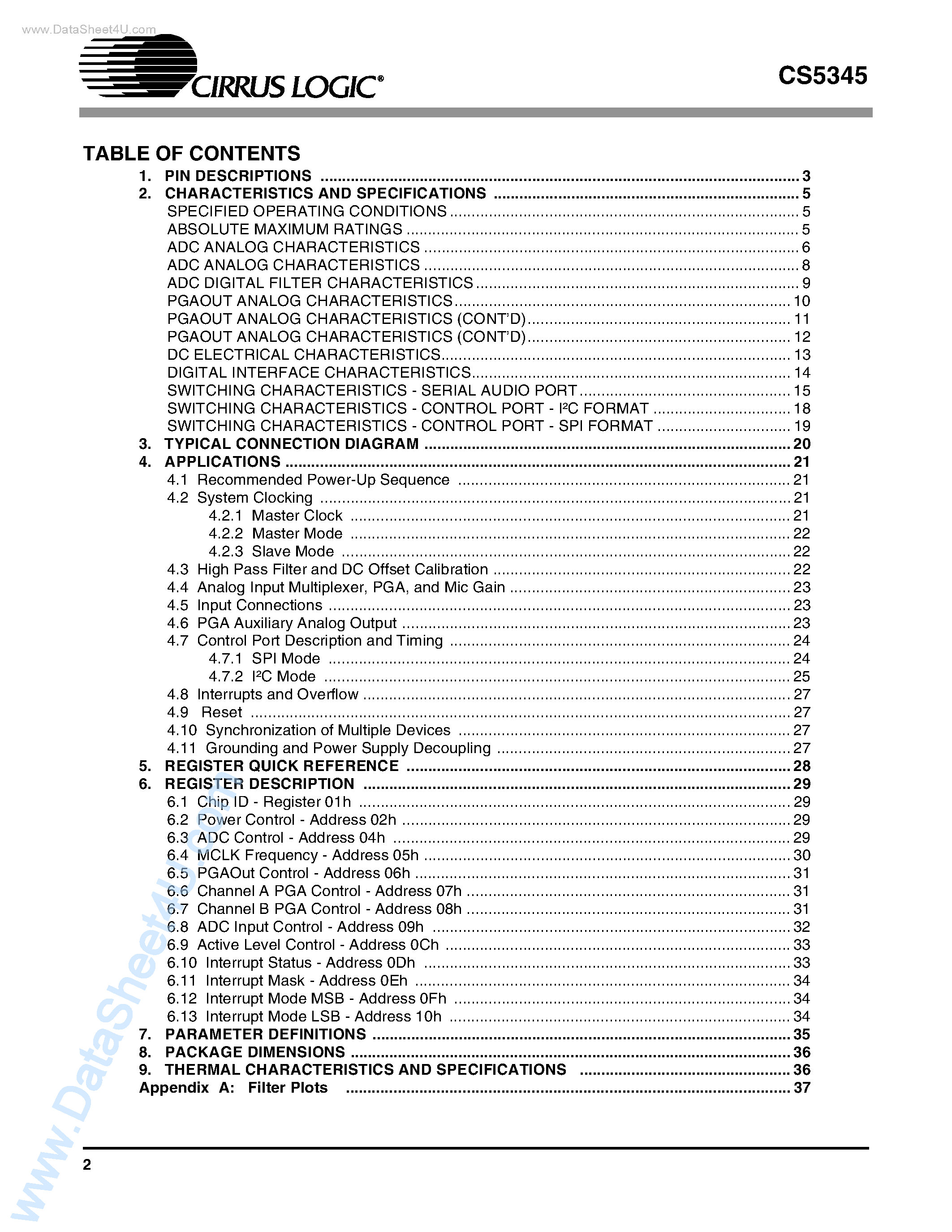 Даташит CS5345 - 105 DB 24BIT 192 KHZ STEREO AUDIO ADC страница 2