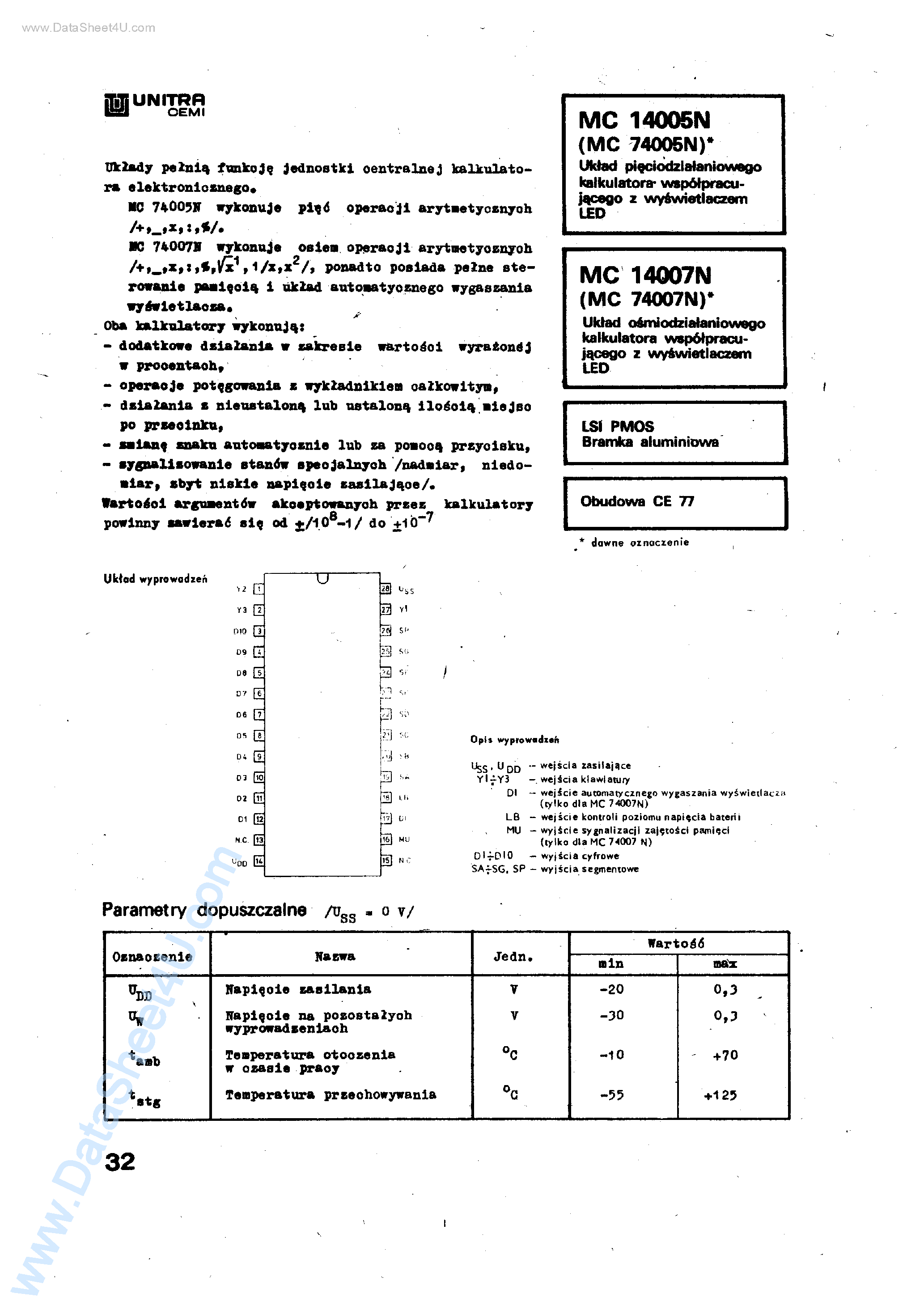 Datasheet MC74005N - (MC74005N / MC74007N) 8-function calculator unit co-operating with LED display page 1