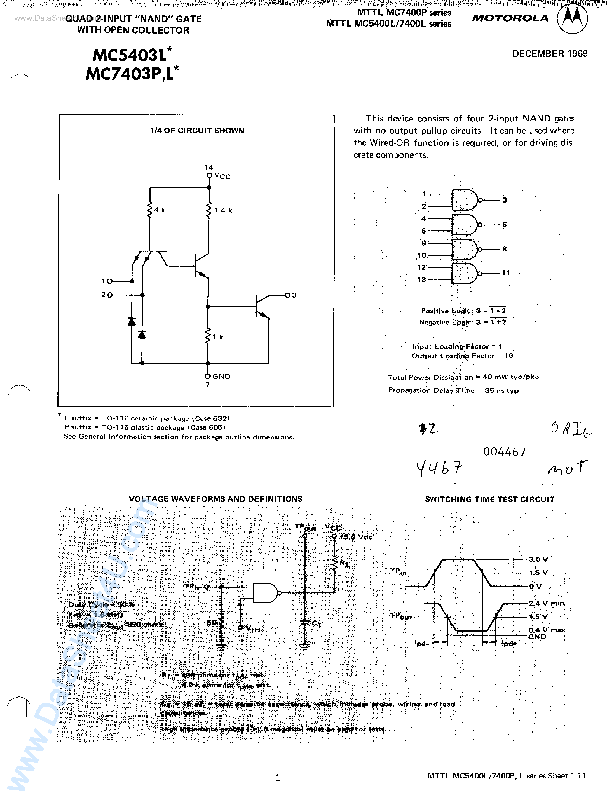 Datasheet MC7403L page 1 Datasheet MC7403L - Quad 2-Input NAND Gate page 1