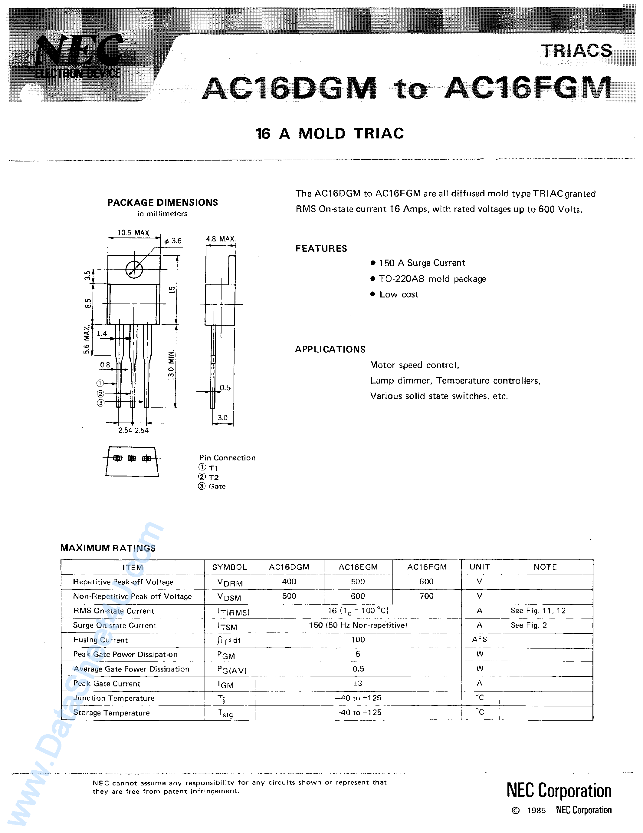 Datasheet AC16DGM page 1 Datasheet AC16DGM - (AC16DGM - AC16FGM) 16A MOLD TRIAC page 1