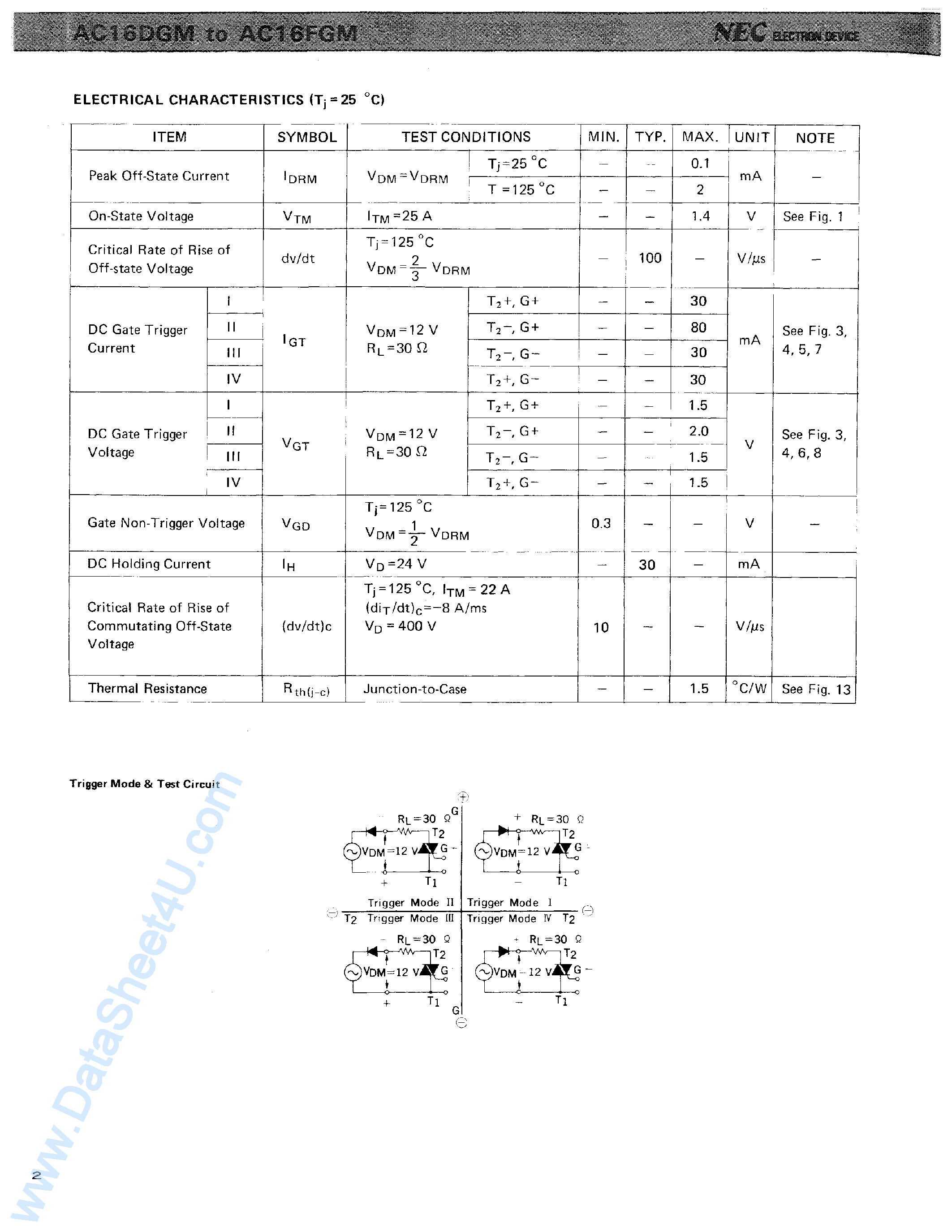 Datasheet AC16DGM page 2 Datasheet AC16DGM - (AC16DGM - AC16FGM) 16A MOLD TRIAC page 2