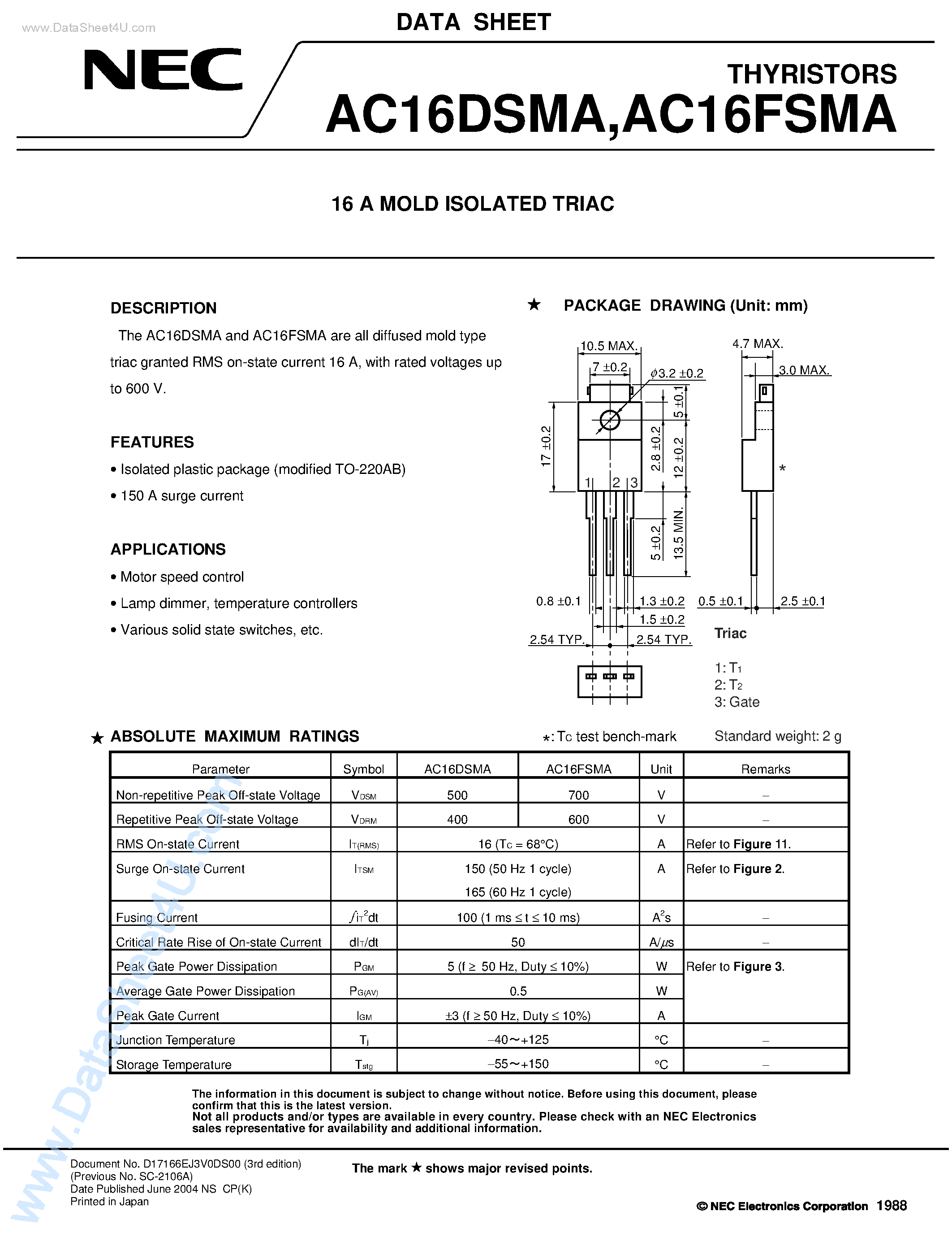 Datasheet AC16DSMA - (AC16DSMA / AC16FSMA) 16A MOLD ISOLATED TRIAC page 1