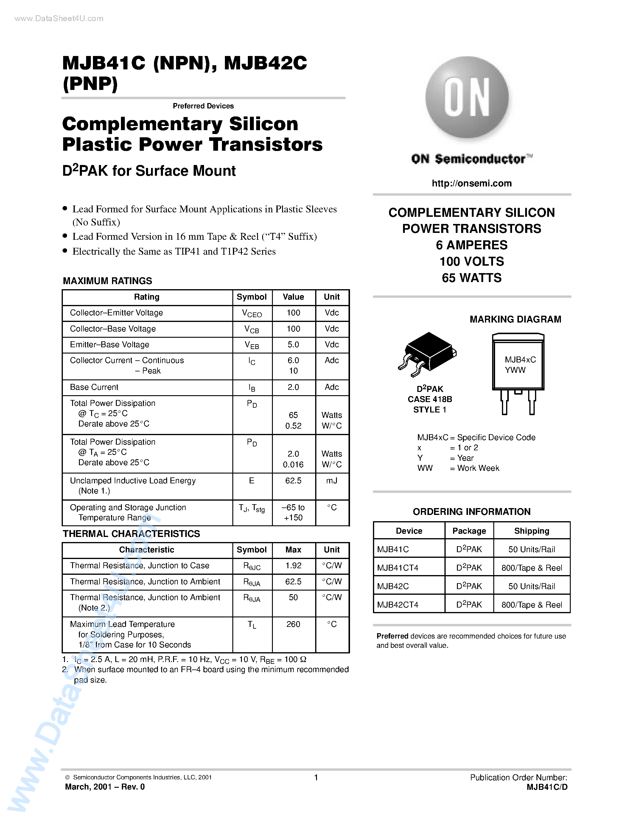 Даташит на микросхему MJB41C страница 1 Даташит MJB41C - (MJB41C / MJB42C) Complementary Silicon Plastic Power Transistors страница 1