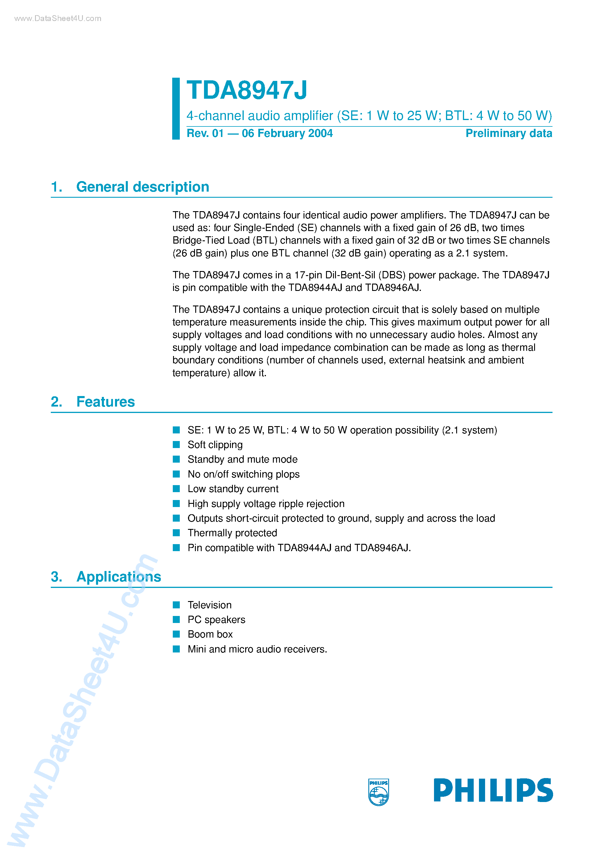 Datasheet TDA8947J - 4-channel audio amplifier page 1